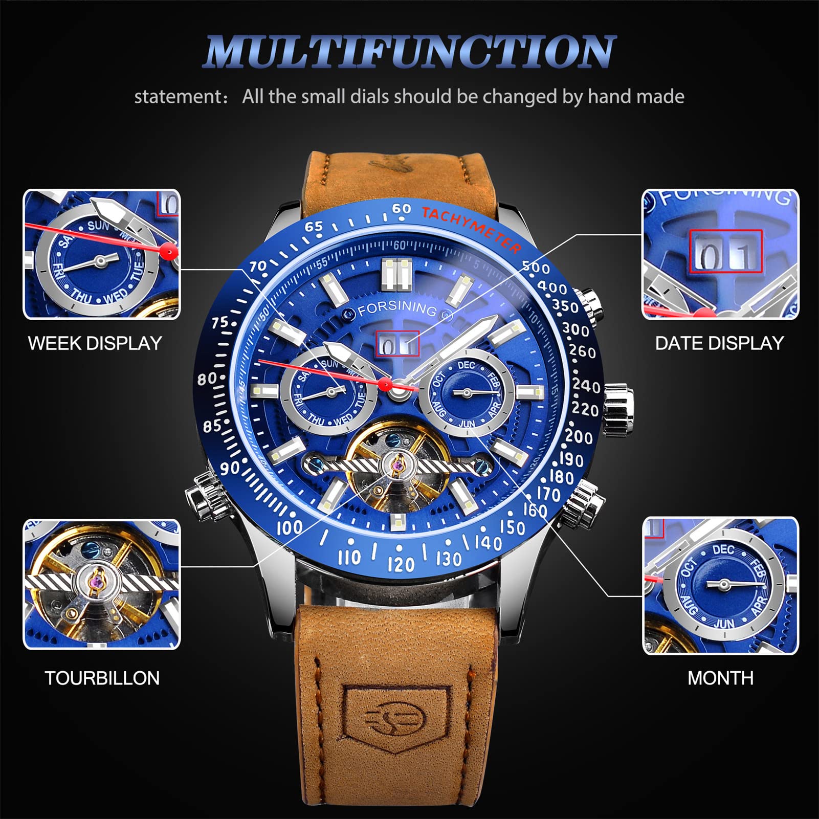 Forsining Herren-Armbanduhr, mechanisch, automatisch, Tourbillon, leuchtende Zeiger, analog, Datum, Luxus, Freizeit, Business, echtes Lederband, blau, Riemen