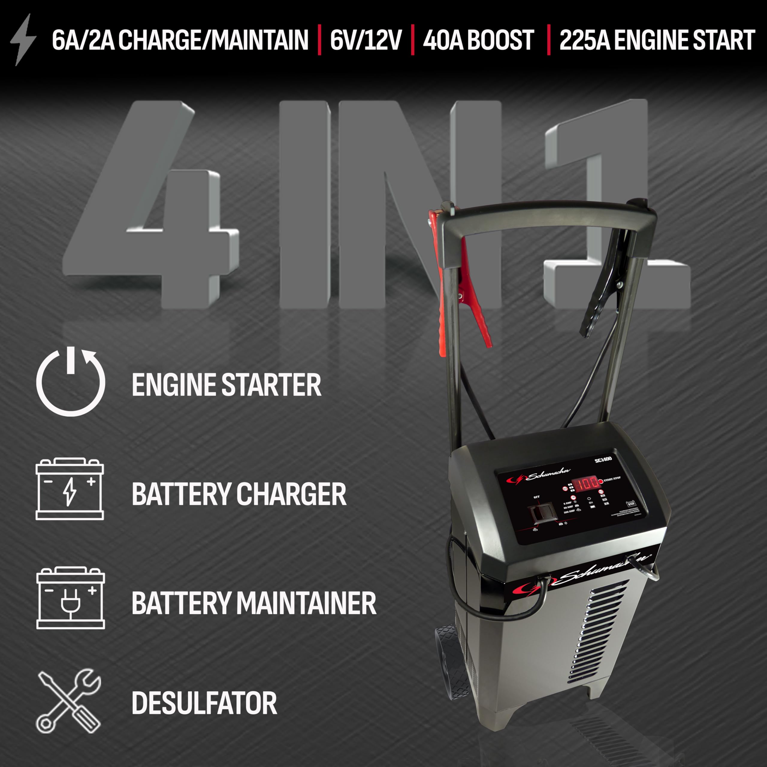 Schumacher Electric Automatyczna ładowarka samochodowa 6 A i rozrusznik silnika 300 A, rozwiązanie 4 w 1, konserwator, wzmocnienie 60 A, do 6 V/12 V Power Sport, akumulatorów samochodowych i morskich