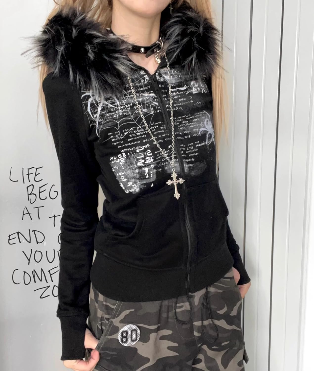 Y2K Grunge Faux Fur Hoodies For Women Zip Up Vintage Punk Gothic Graphic Jacket Long Sleeves Ribbing Streetwear - Image 3