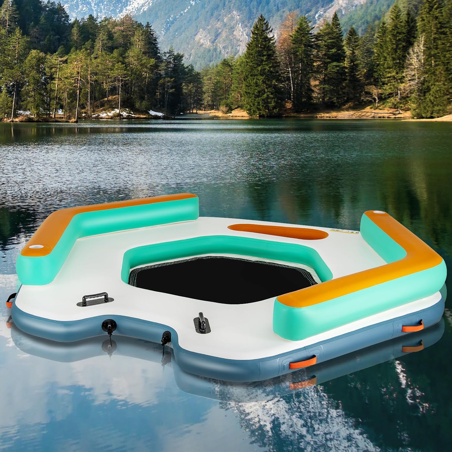 Goplus Inflatable Floating Dock, 8.7FT x 8.7FT Inflatable Dock Platform w/Detachable Ladder, Carry Bag, Water Mat Floating Platform Island Raft for Lake, Beach, Pool
