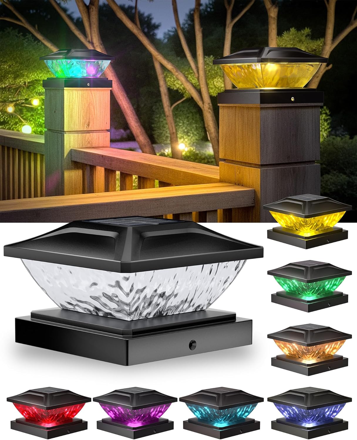 Ofuray Solar Post Cap Lights,4Pack Fence Deck Post Cap Solar Powered Lights RGB with Two Modes,Fit for 4“x4“ 5“x5 “ with 3 Bases,Ip64 Waterproof Outdoor for Fence Deck Mailbox Stairway White