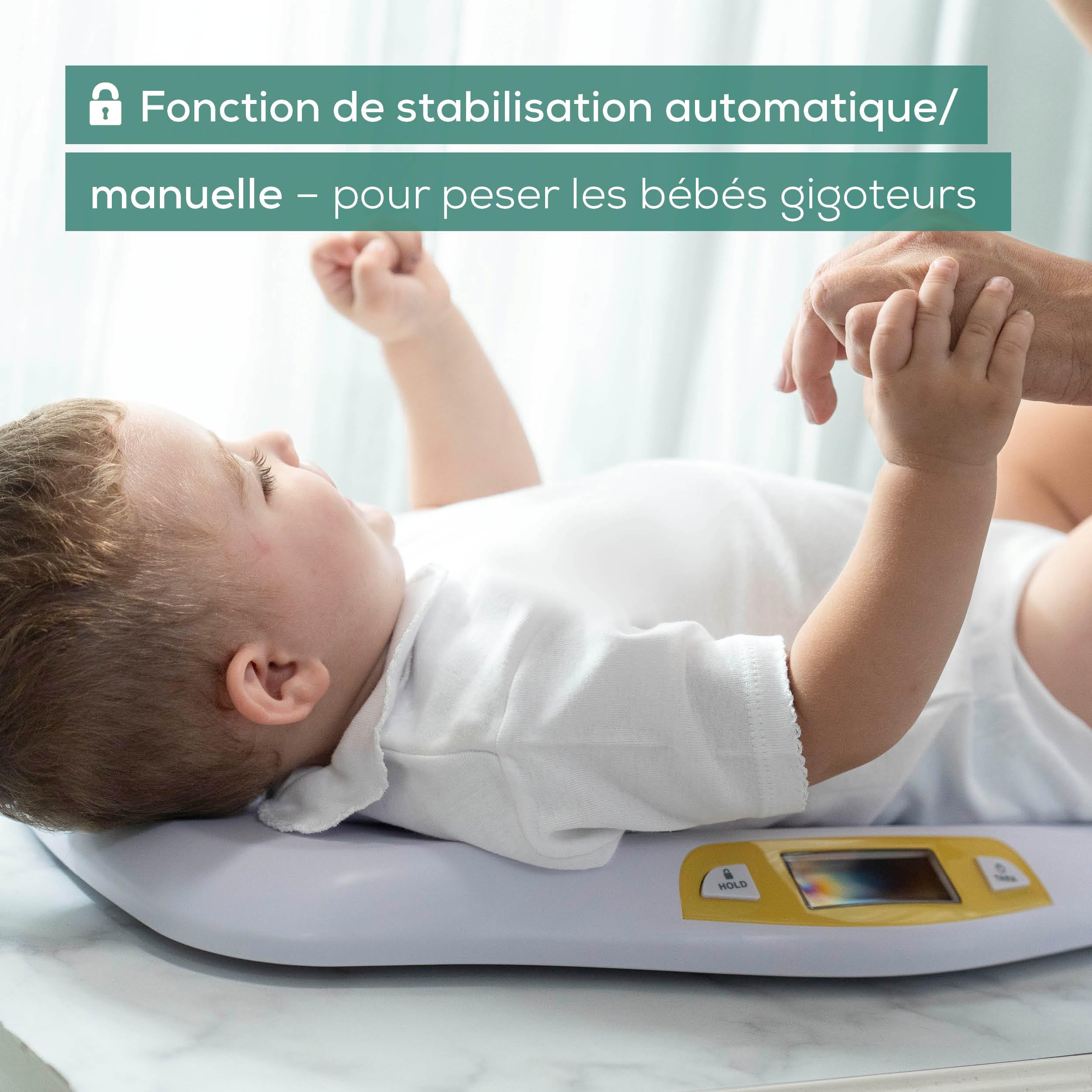 Beurer BY 80 Pèse-bébé avec surface incurvée, capacité de 20 kg, fonction de tare et de maintien pour les bébés qui donnent des coups de pieds, mesure et affichage par graduation de 5g