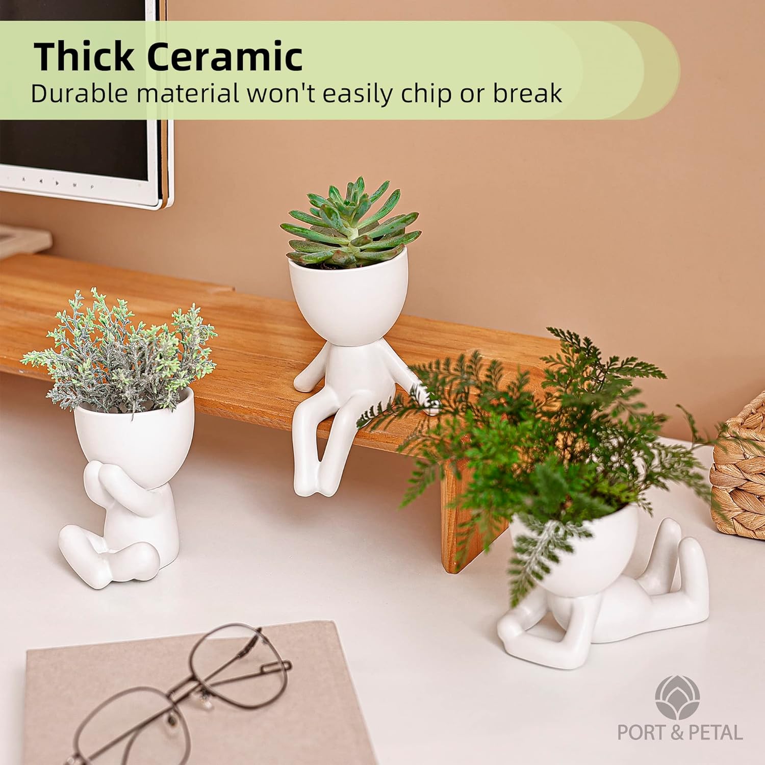 Port&Petal Small Succulent Pots with Drainage (Set of 3) - Ceramic Planters for Live Plants, Air Plants or Fake Plants Decor - Cute Planters for Indoor Decor - Small Pots for Home Office Décor - White