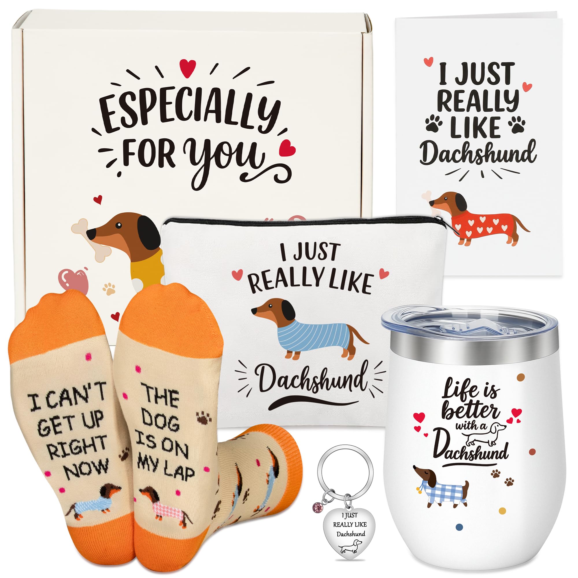 Dachshund Gifts for Women Dachshund Unique Gift Basket Cute Wiener Dog Gift Set with Tumbler, Makeup Bag, Socks, Keychain & Card,Wiener Lover Gifts for Dog Mom Dogs Lover Birthday Christmas Gifts — image 1
