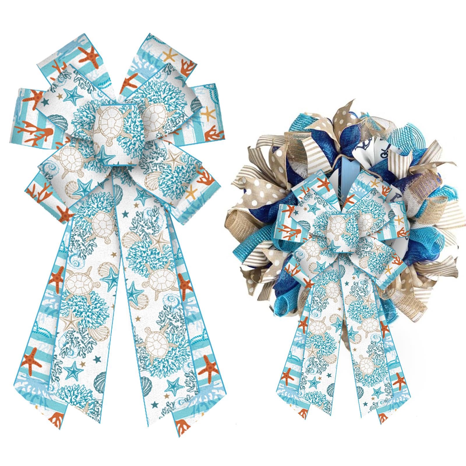 LANGFON Large Summer Wreath Bows - Linen Sea Ocean Burlap Blue Sea Turtle Coral Ribbon Bows for Ocean Theme Decor Indoor Outdoor Tree Topper Wreath