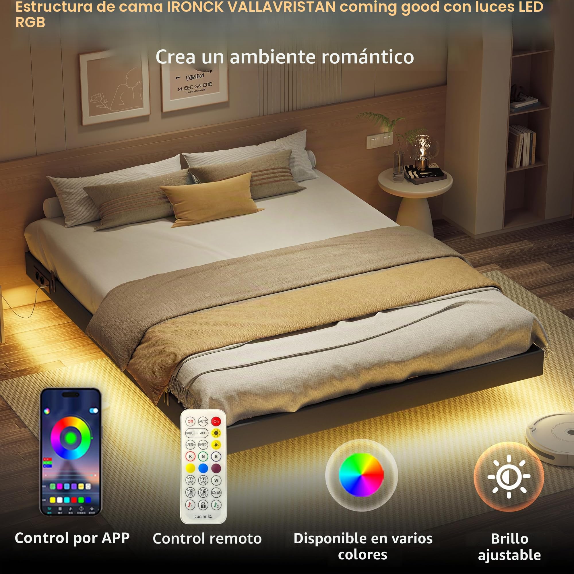 IRONCK Cama de 160 x 200 cm con iluminación LED y estación de Carga, Estructura de Cama de 160 x 200 cm, Color Gris