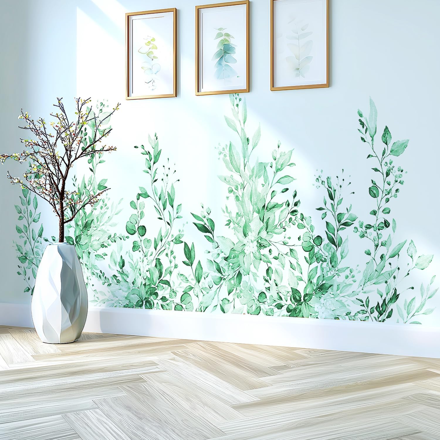 Mint Green Plants Leaves Wall Decals Peel and Stick, Large Floral Flowers Vinyl Wall Stickers, Removable Vine Home Decor Art for Bedroom Living Room Classroom Office