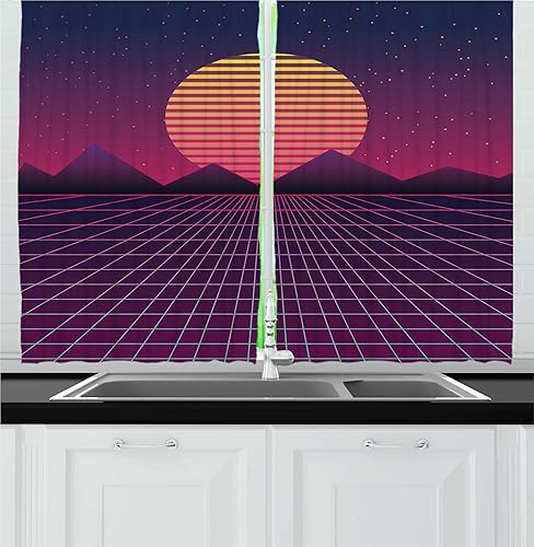 Miniatura 1 de Ambesonne Synthwave - Cortinas de cocina, sol a rayas con montañas triangulares, obra de arte retro a cuadros, juego de 2 paneles para decoración de