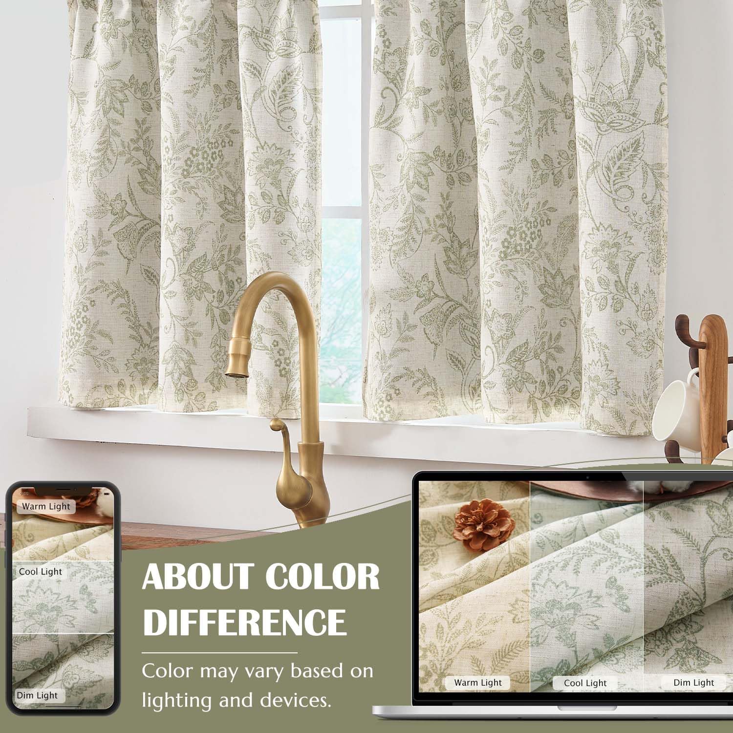 Lazzzy Green Floral Kitchen Curtains 36 Inch Length Linen Farmhouse Cafe Tier Set - Small Rustic Country Room Darkening Lined Rod Pocket, Set of 2, Sage Green on Beige
