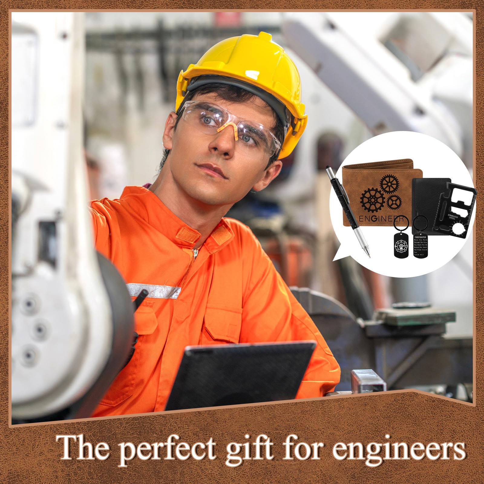 4 Pcs Engineer Gifts Set for Men with Retro Brown Wallet 6 in 1 Multi Tool Pen Retro Keychain 11-in-1 Credit Card Multitool Engineer Gift Box for Men Birthday Party Favors