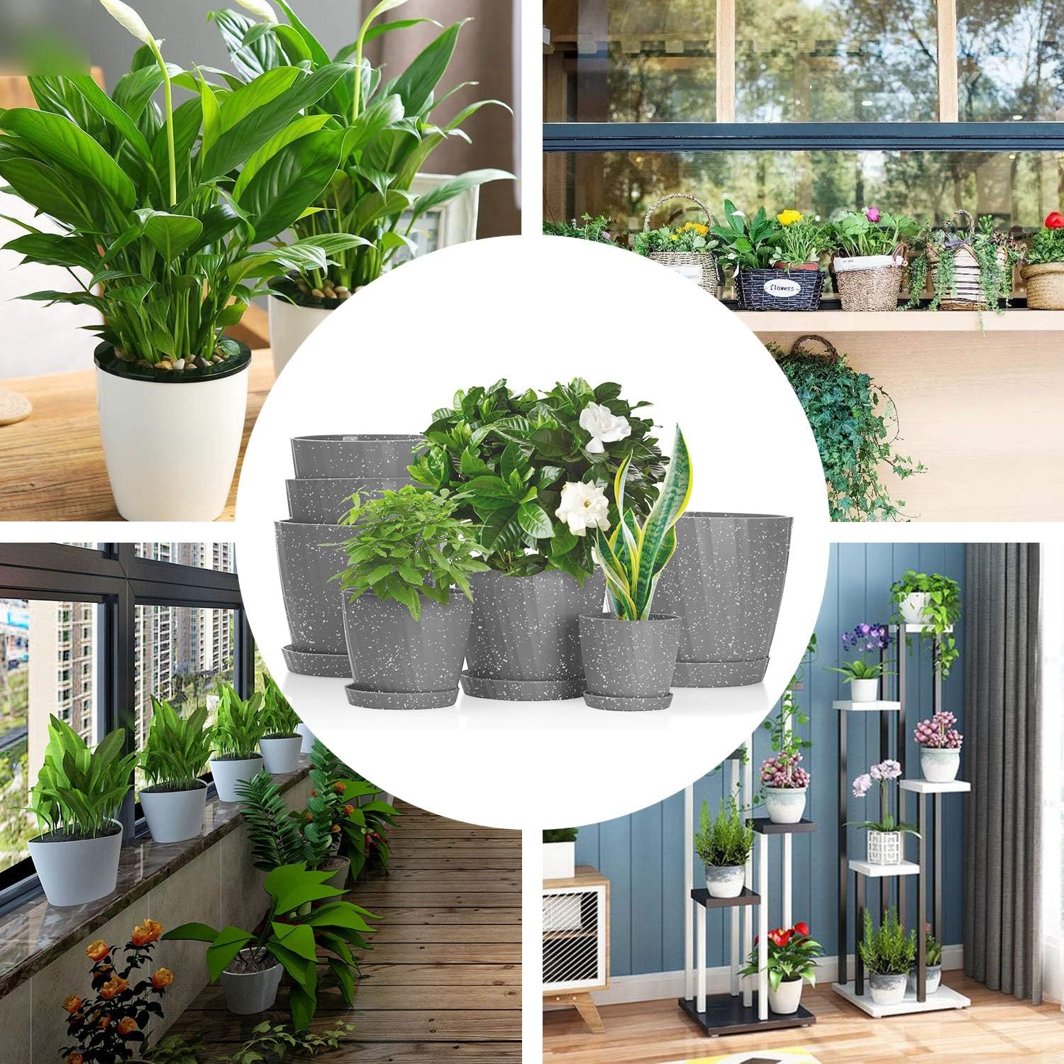 EBBCOWRY 7 Pack Flower Pots with Saucers, 3.5/4.5/5.5/6/6.5/7 /7.5in Plant Pot,Plastic Planters,Pots for Plants Indoor with Drainage Hole,Plant Nursery Pots Indoor Planter Succulents,Cactus(Gray)