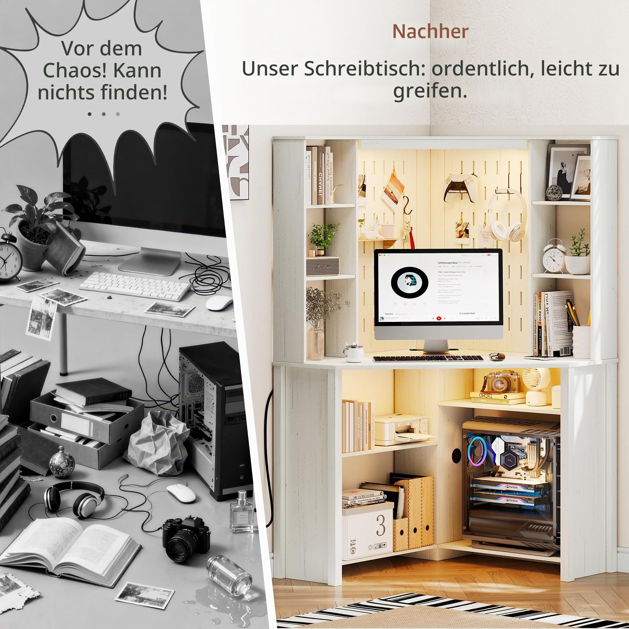 L-Computertische mit Schiebelampe und Steckdosen für Unterhaltung,Weiß