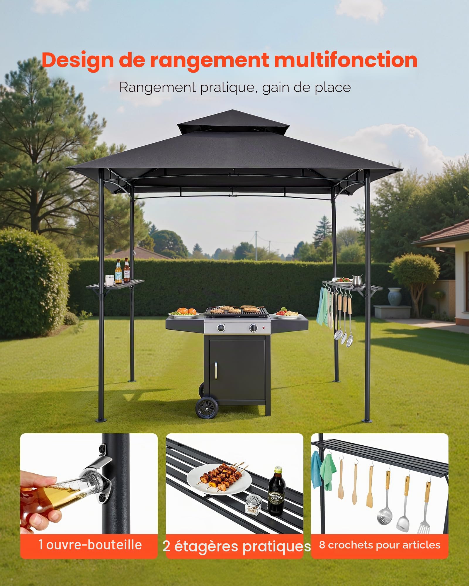 VEVOR Gazebo de Barbecue, 243 x 150 cm, Tonnelle de BBQ Extérieur avec Toit à 2 Niveaux, Abri de Barbecue de Patio en Acier à Revêtement de Poudre, pour Grillades, Fêtes, Pique-niques, Jardin, Patio