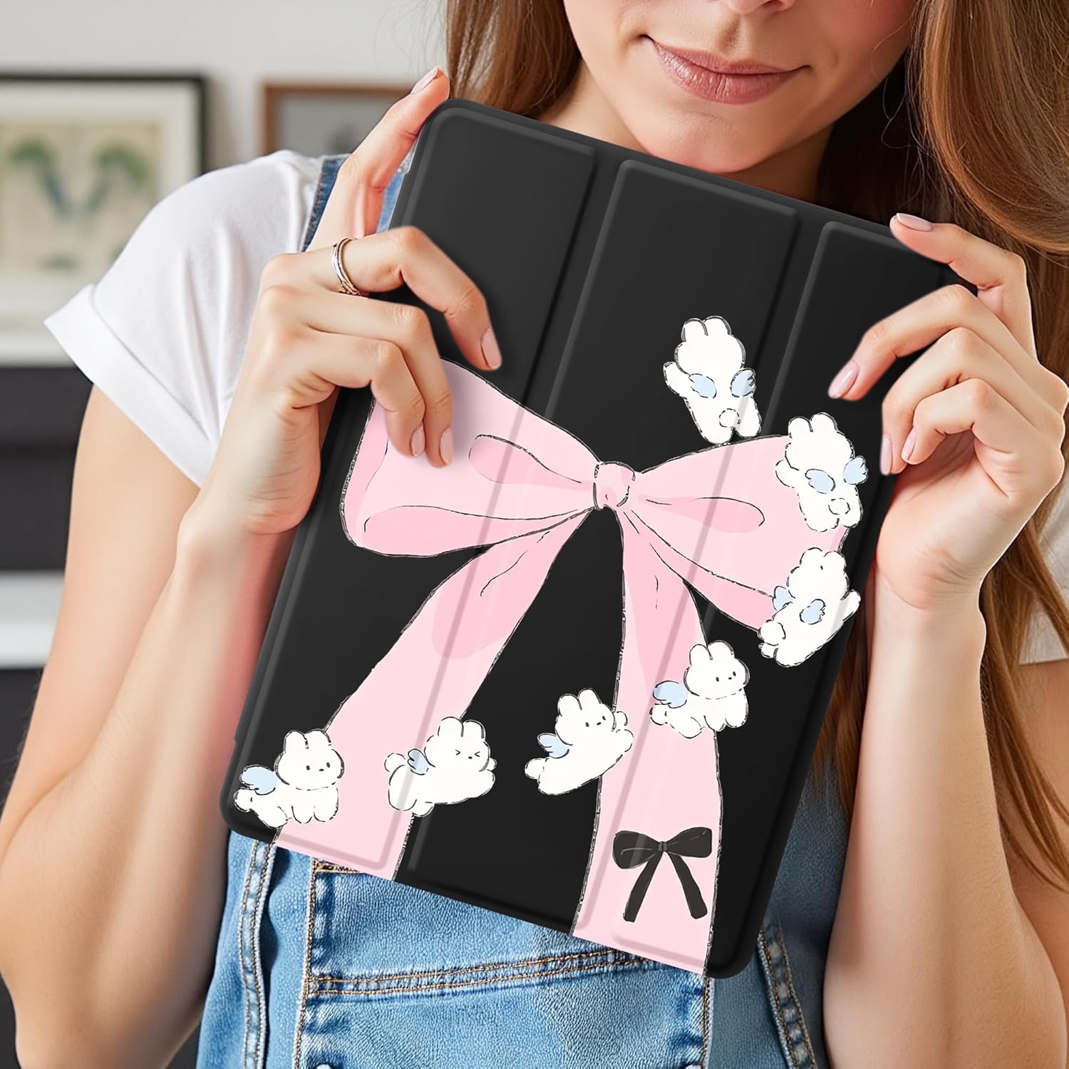 Idocolors Case for iPad 7th/8th/9th Generation (2019/2020/2021) 10.2", Built-in Pencil Holder with Soft TPU Shockproof Back Shell Auto Wake/Sleep, Bunny Bow-Black