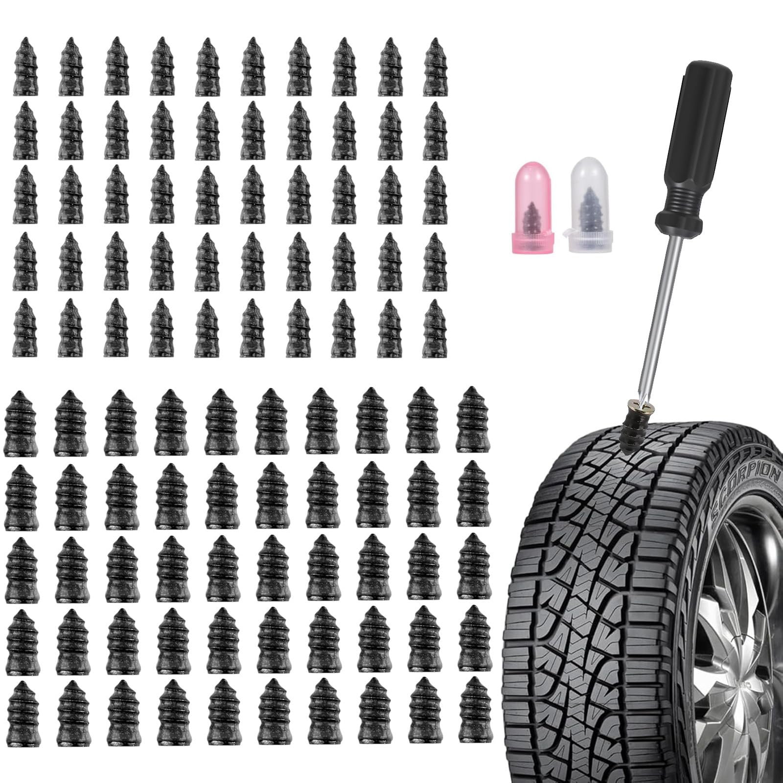 100PCS Tire Plug Kit with Screwdriver, Tire Repair Rubber Nail for Car, Motorcycle, Truck, Bike, Tractor Tire Puncture Fast Repair, Self-Service Wheel Puncture Repairs (50S & 50L Size)