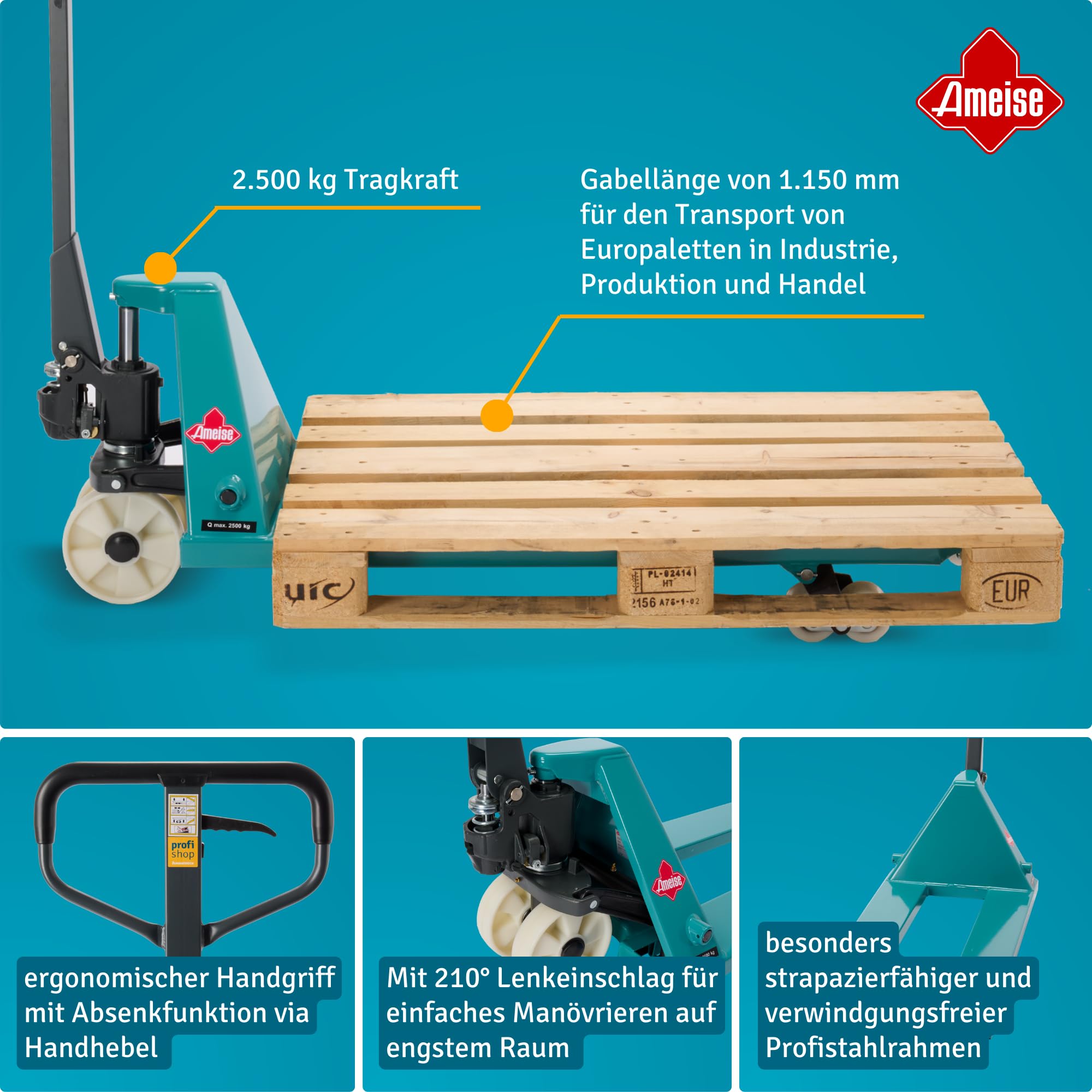 Ameise Hubwagen PTM | 2.500 kg Tragkraft | 1.150 mm Gabellänge | Lenkrad/Gabelrolle aus verschleißarmen Nylon | Tandem-Gabelrollen | Palettenhubwagen