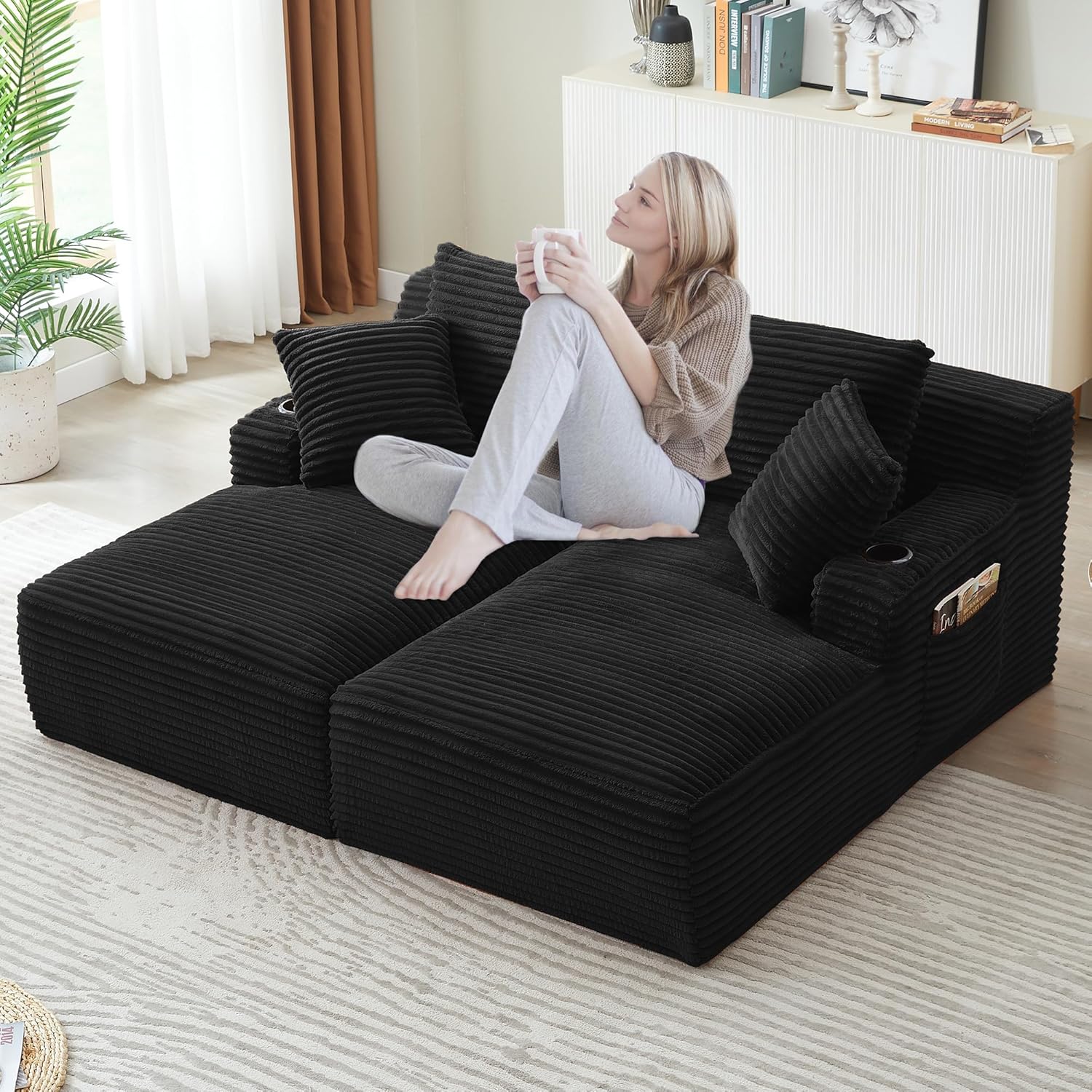Oversized Double Chaise Lounge Chair Indoor, Boneless Sofa, Cloud Sleeper Sofa Couch Bed with Cup Holders, Deep Seat Sectional Loveseat with Pocket, No Assembly Couch for Living Room- Black
