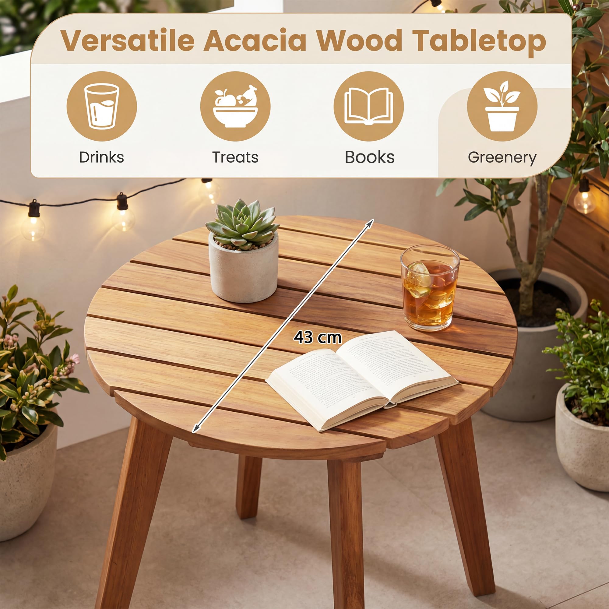 GIANTEX Table Ronde Exterieur Bois Acacia Massif Bout de Canapé Plateau à Lattes Petite Table Basse d'Appoint Jardin Ø 43 x 35 cm Charge 75 kg