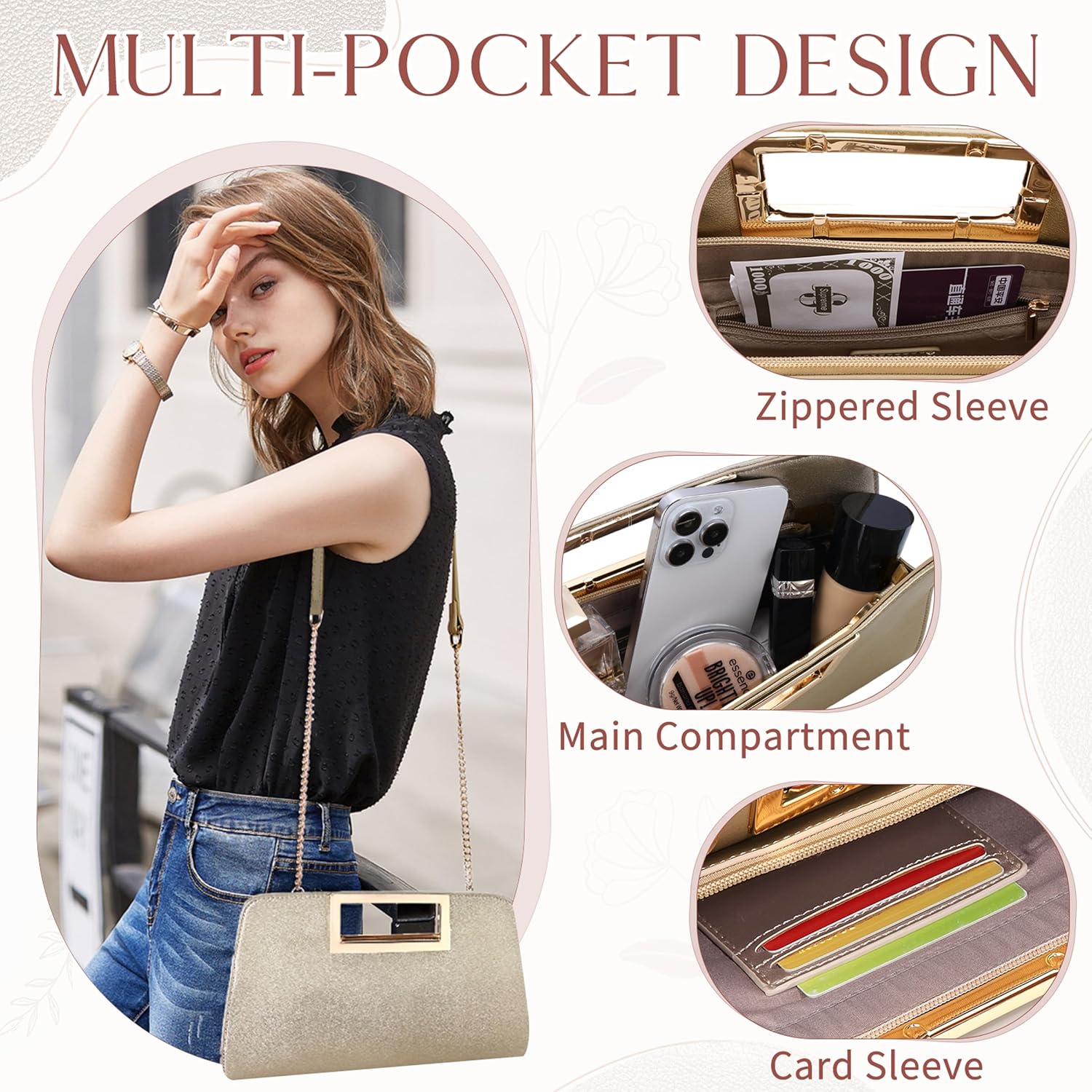 VASCHY Clutch Purse for Women,Fashion Vegan Leather Cut-Out Handle Evening Handbag Crossbody Shoulder Bag for Wedding,Party - Image 4