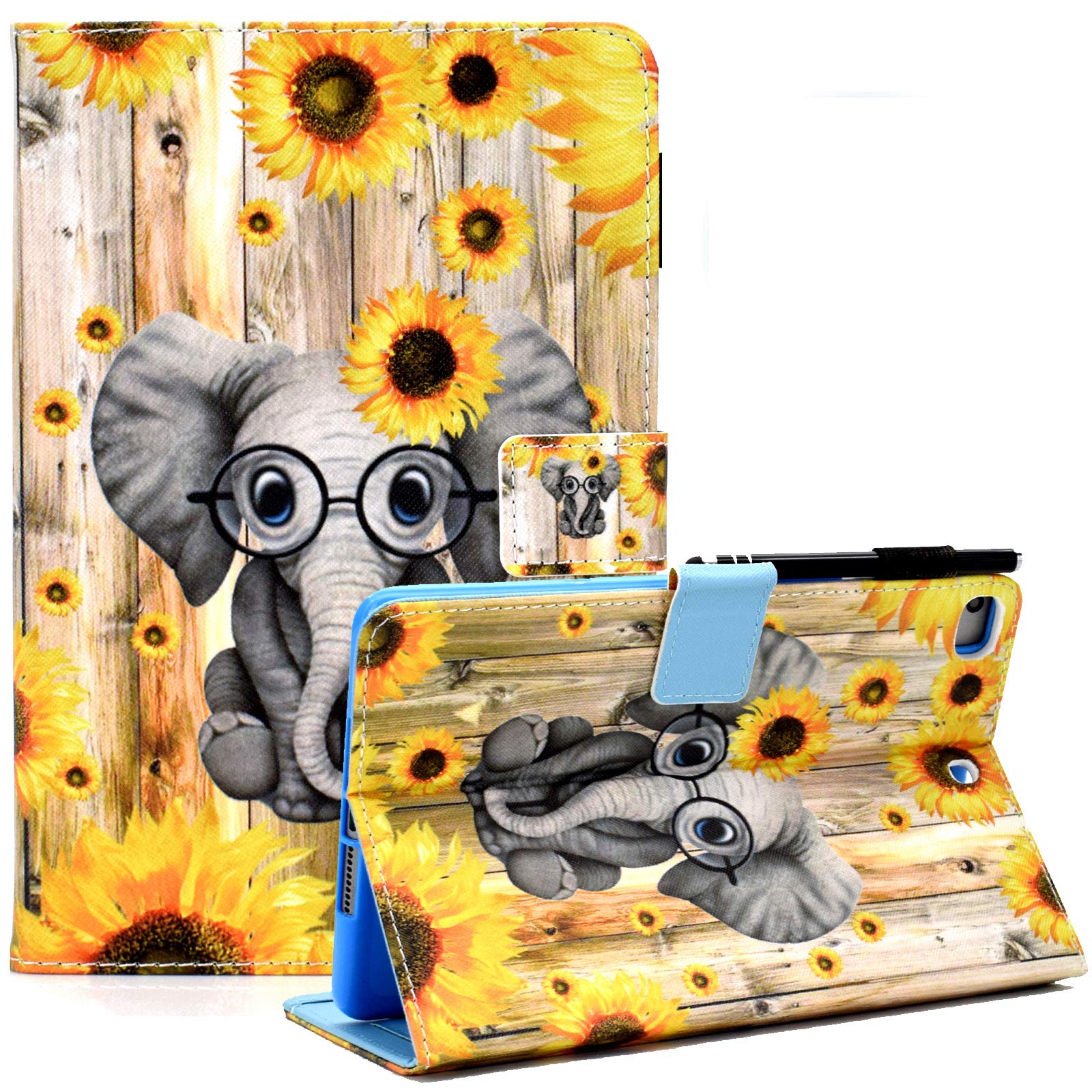 KEROM iPad Air 2 Case, iPad Air Case, iPad 9.7 inch Case 2018 2017, PU Leather Cover Wallet Case with Stand and Auto Sleep Wake for iPad 6th Gen/iPad 5th Gen/iPad Air 2/iPad Air -Sunflower Elephant