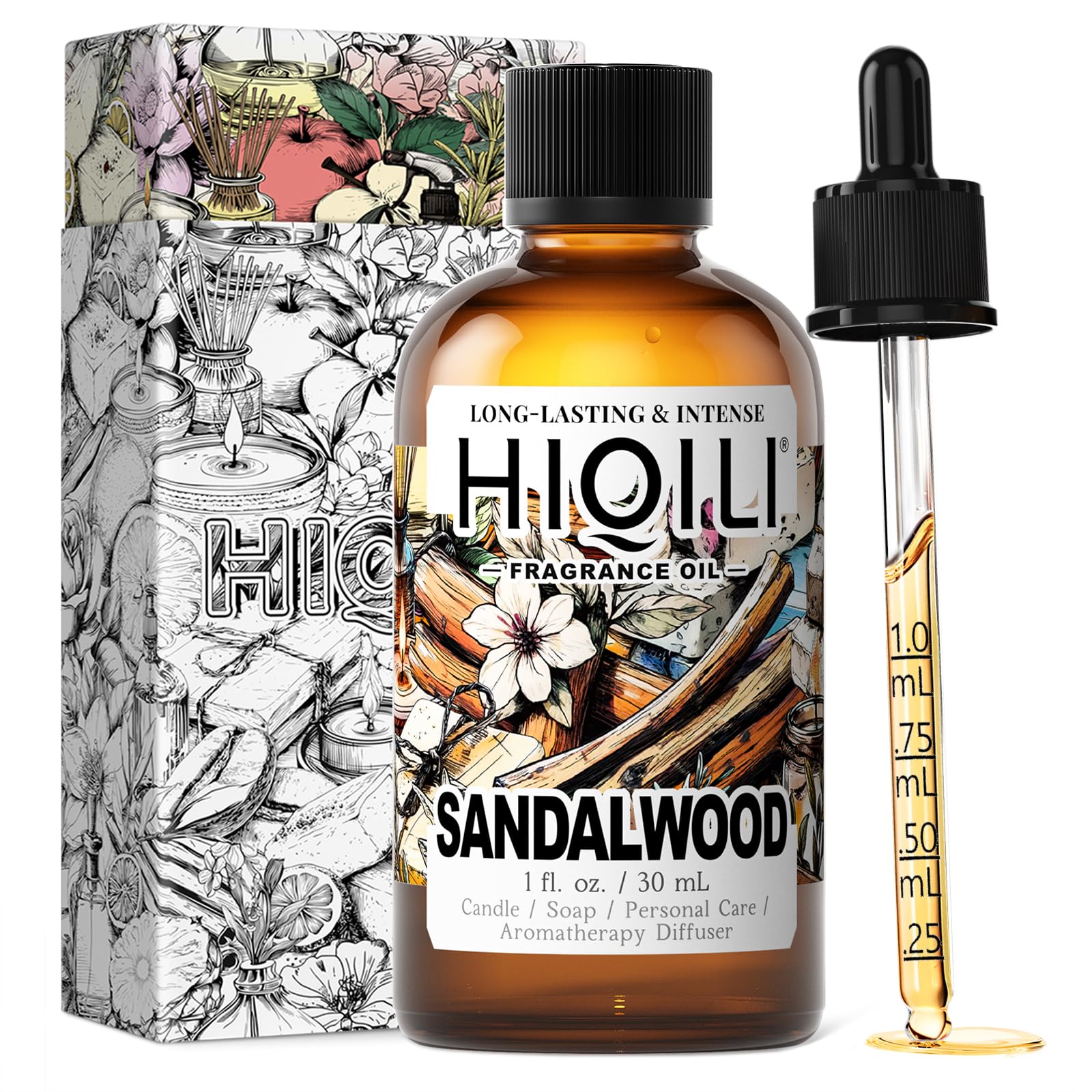 HIQILI Sandalwood Fragrance Oil for Home Diffuser, Luxury Hotel Scent, Perfect for DIY Candle & Soap Making, Add to Body Lotion - 1 Fl Oz