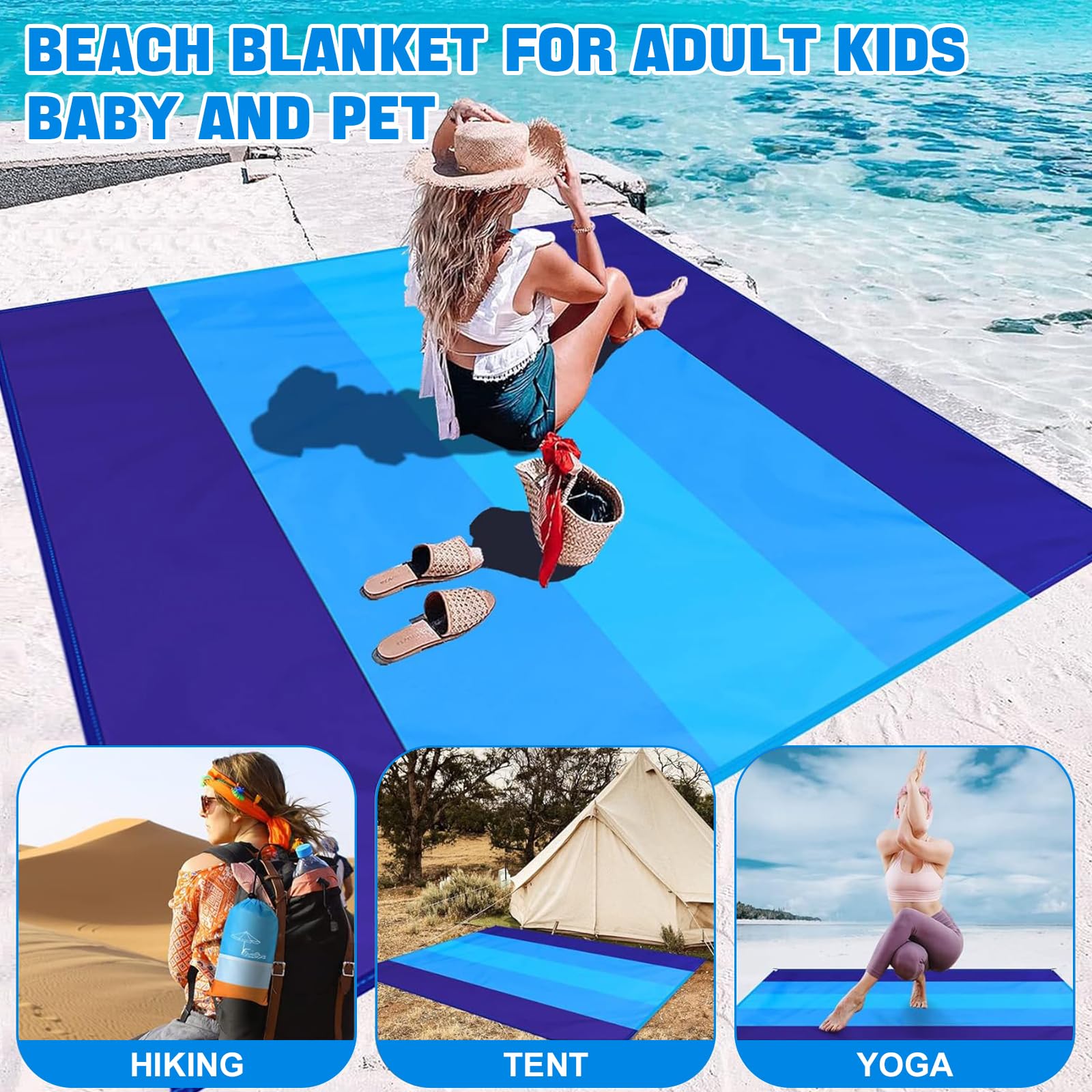 Stranddecke Sandfrei, Super Groß 220x210 cm Wasserdicht Sanddicht Weiches Strandmatte, Tragbarkeit Strandtuch mit Aufbewahrungstasche, für Strand, Camping, Picknick, Wandern