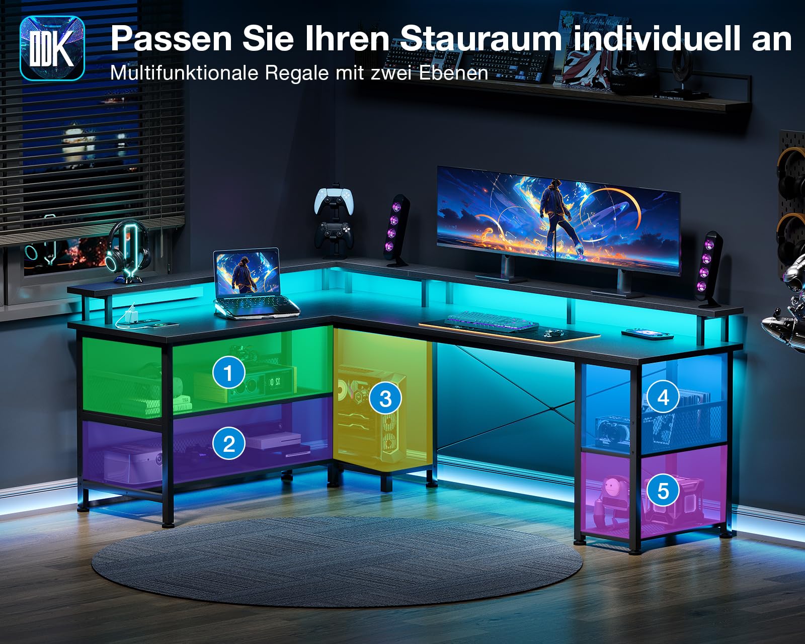 ODK Gaming Eckschreibtisch mit LED und Steckdose, 168×120 cm, Schwarz | Gaming Tisch mit Regal in L-Form, Schreibtisch mit Ablagefach & Stauraum, Reversibel, für Home Office & Wohnzimmer