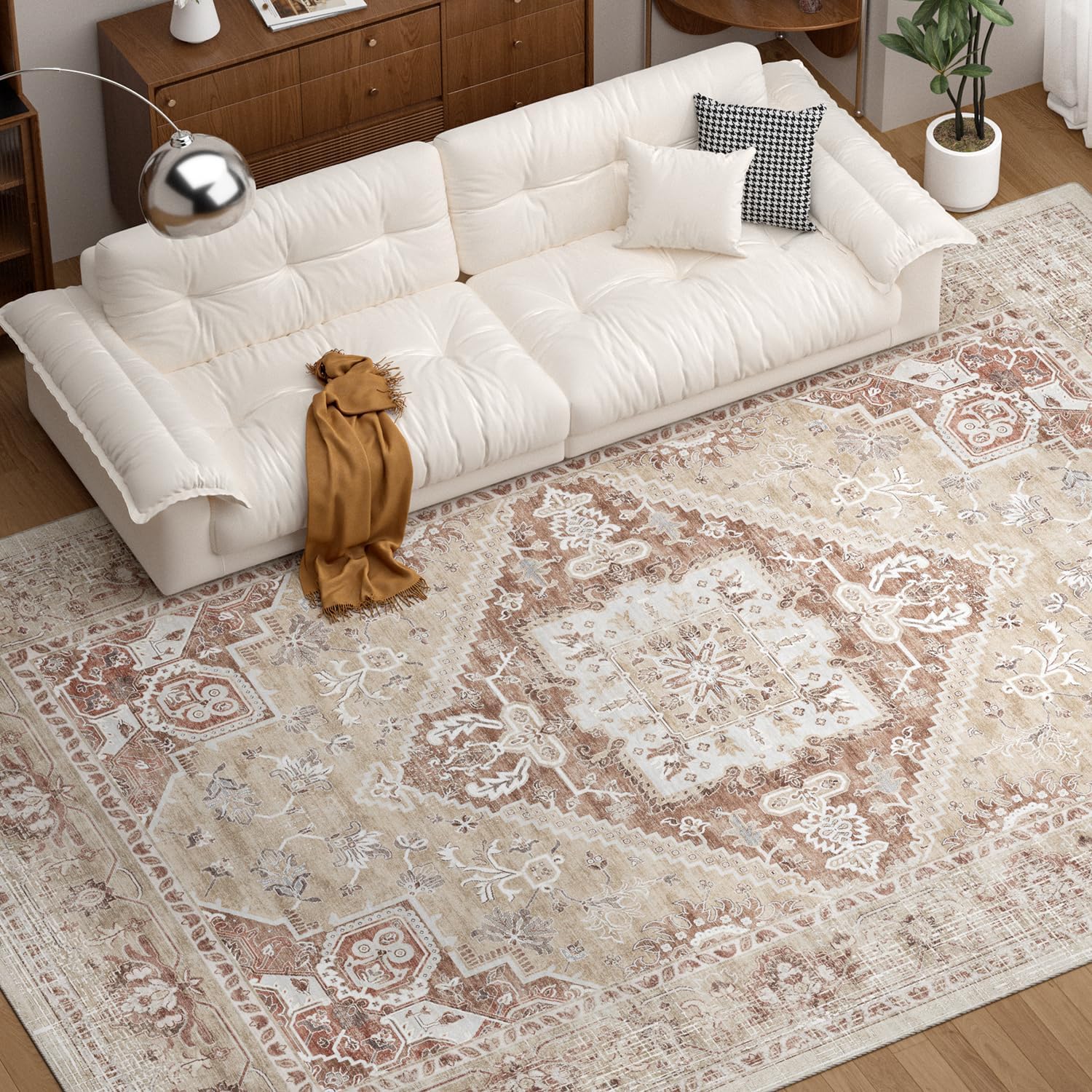 COHOME Vintage Distressed Washable Rug, Pet & Kid Friendly Area Rugs with Non-Slip TPE Backing, Stain Resistant High Traffic Low Pile for Living Room Bedroom, Indoor Low Profile (Beige, 4' x 6')