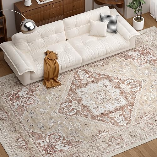 COHOME Vintage Distressed Washable Rug, Pet & Kid Friendly Area Rugs with Non-Slip TPE Backing, Stain Resistant High Traffic Low Pile for Living Room Bedroom, Indoor Low Profile (Beige, 5' x 7')