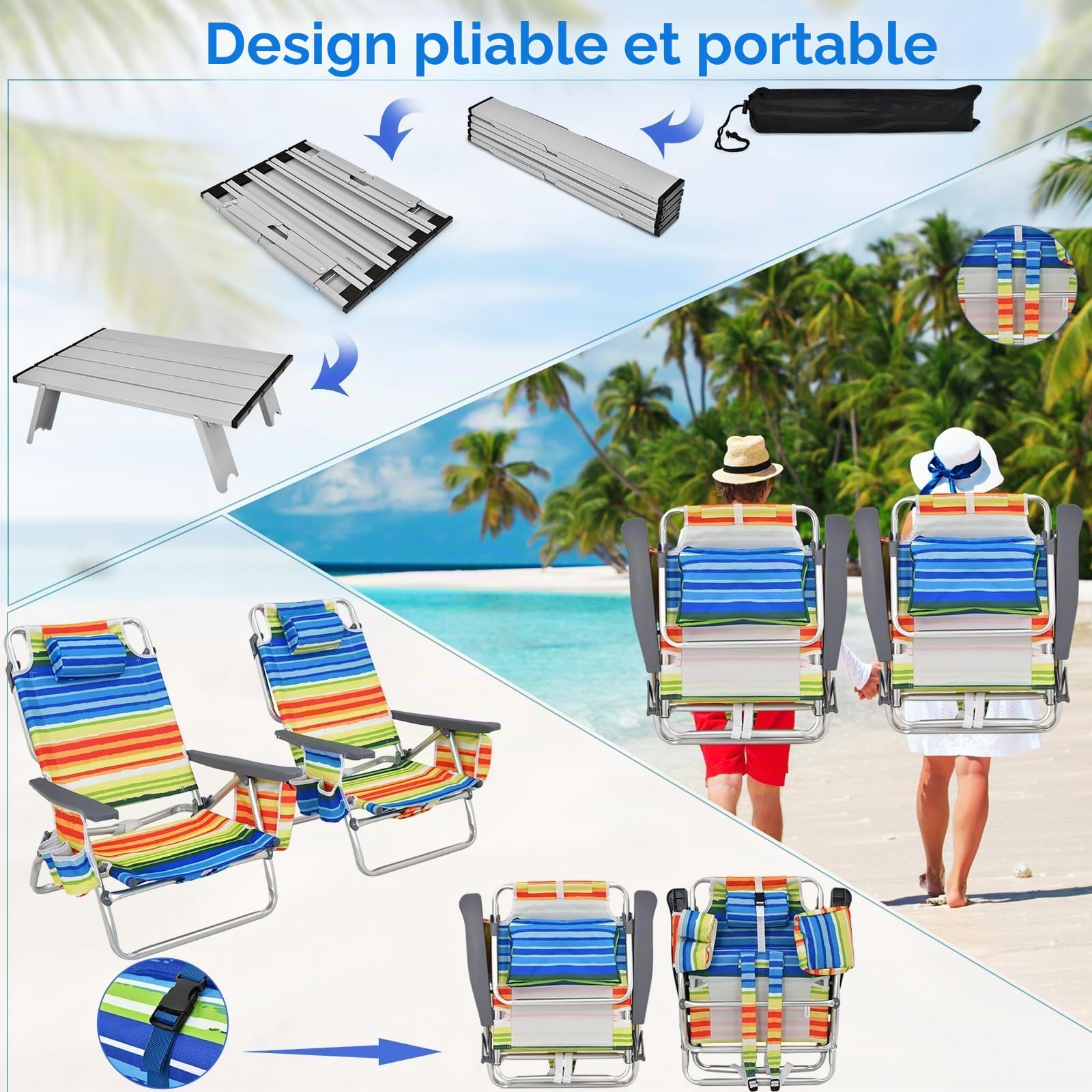 KOMFOTTEU Chaises de Plage Pliables avec Table Basse, Fauteil de Plage avec Appui-tête et Dossier réglable, Chaise de Camping, avec Sac de Glace, Sac de Rangement, Porte-gobelet (Jaune)