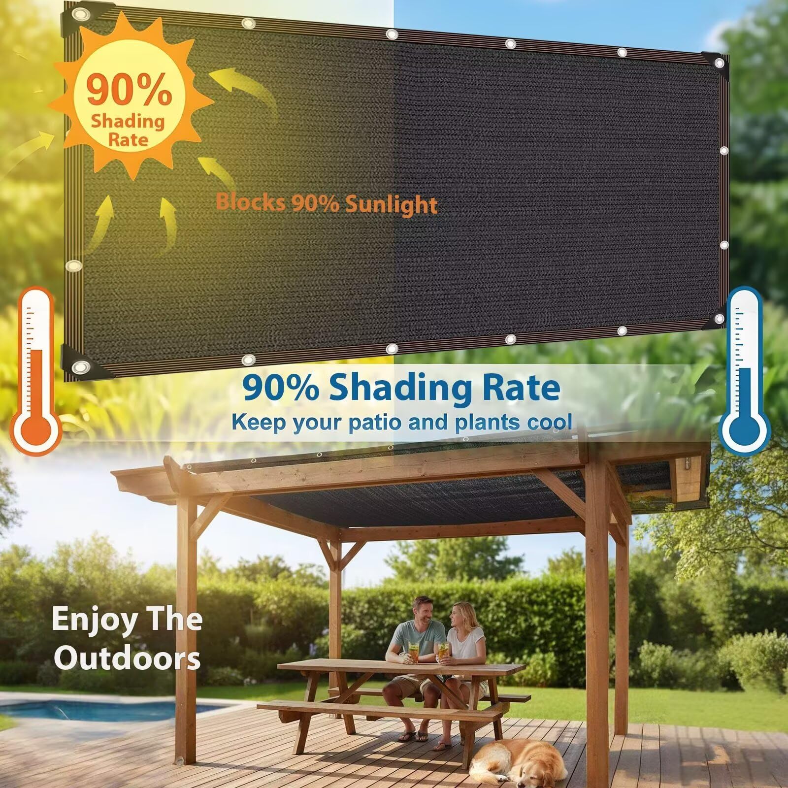 2 x 5.5M Malla AntiUV con Ojales Metálicos, Tela Sombreadora Color Negro, Protección Solar para Jardín, Pérgola, Plantas de Patio, Invernadero y Uso Exterior.
