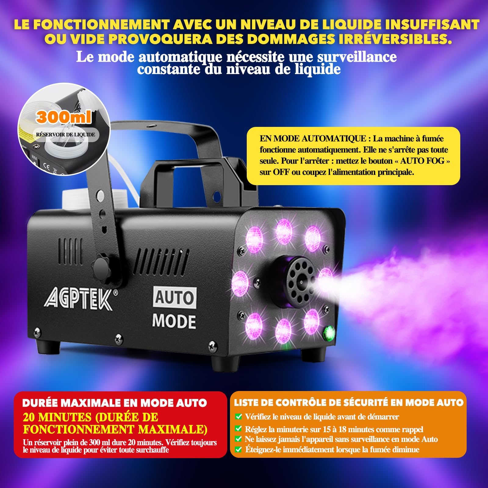 AGPTEK Machine à fumée télécommande avec 13 lumières LED colorées, puissance de 2000CFM avec 2 télécommandes sans fil, parfait pour mariage, Halloween et spectacles