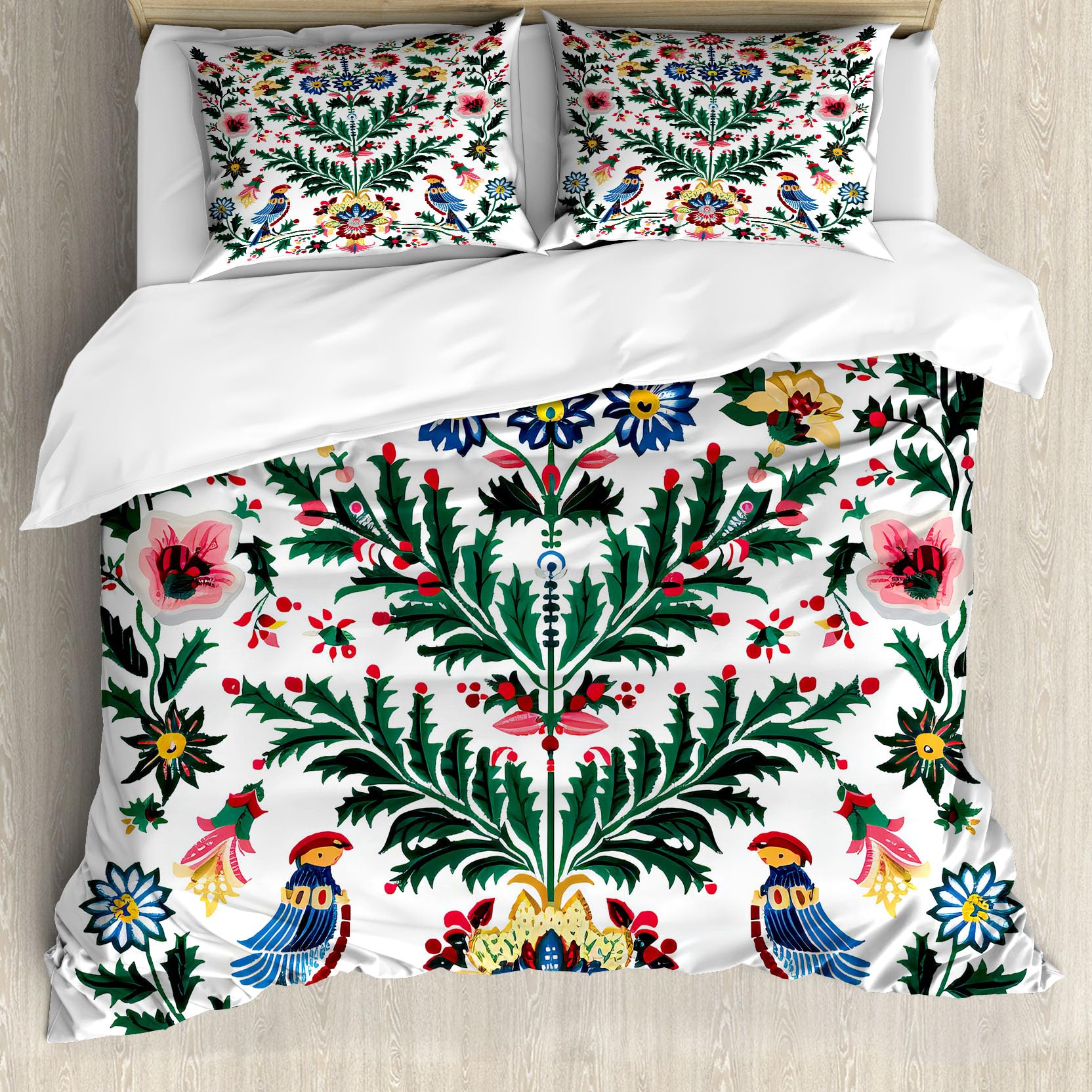 Ambesonne Christmas Duvet Cover Set, Traditional Scandi Art of Xmas Berry Leaves Birds and Floral Colorful, Decorative 3 Piece Bedding Set with 2