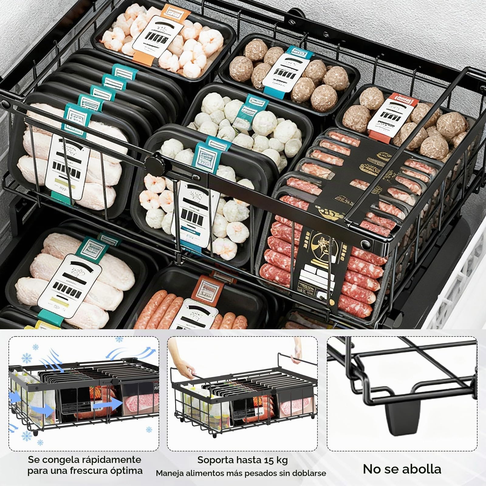 2 cestas de congelador expandibles, cestas apilables para congeladores 140L-570L, congeladores organizador con asas de clasificación fácil y obtener alimentos congelados, permitir la circulación del