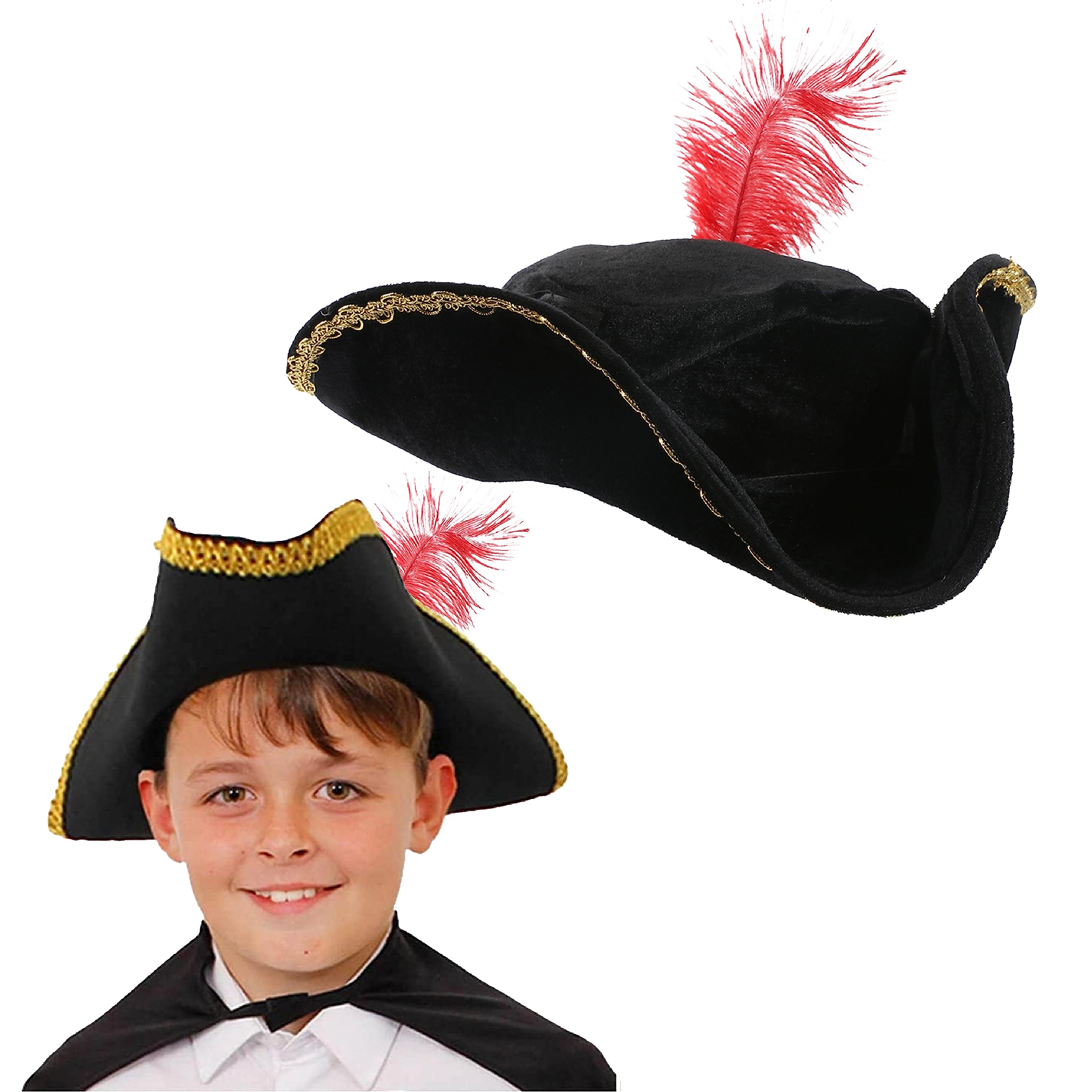 Child's Musketeer Tricorn Buccaneer Hat - Black Velour Tricorn Hat With Gold Trim and a Red Feather - Perfect for Film or Tv Character Dress Up