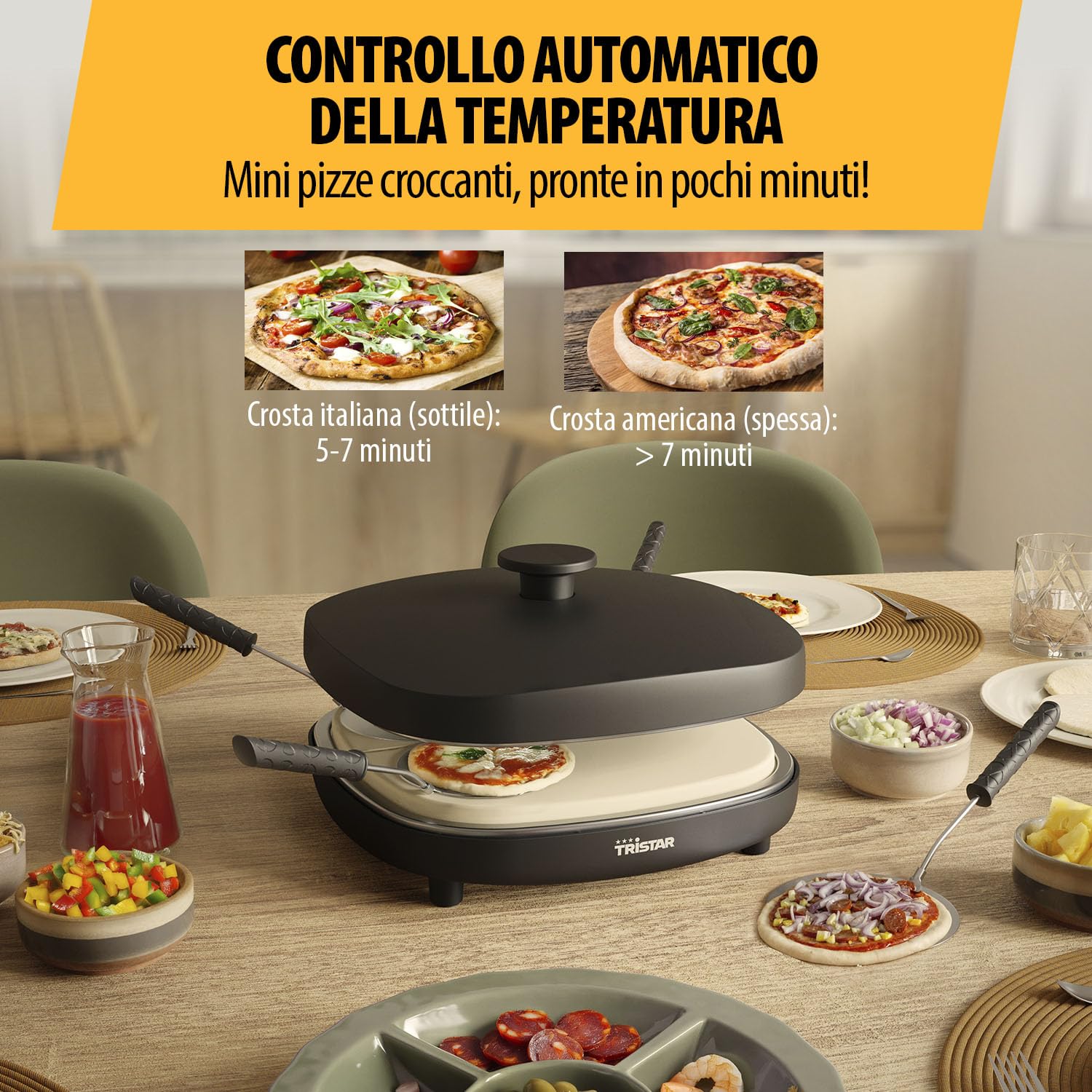Tristar Pizza Family 4 Pizza Maker, 25x25 cm, 900 W, Per 4 Persone, Rivestimento Ceramico Senza PFAS, Piastre Rimovibili, 4 Palette e Tagliapasta, PZ-9174