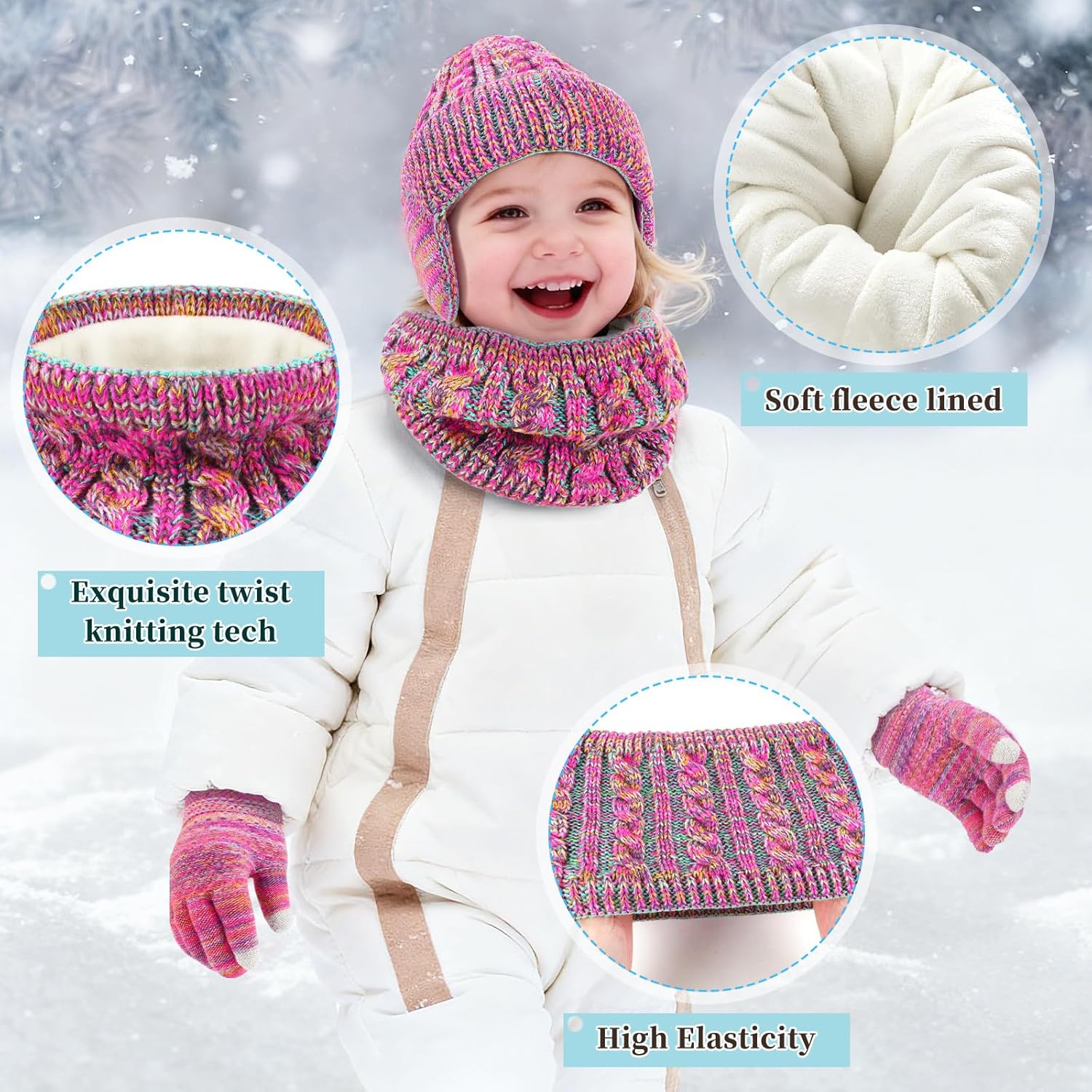 Jansun Kids Winter Hat Gloves Scarf Set, Toddler Children Hats Beanie with Earflaps Knit Neck Warmer Gaiter Mittens Fleece Lined Set for Boys Girls 4-12 - Image 5