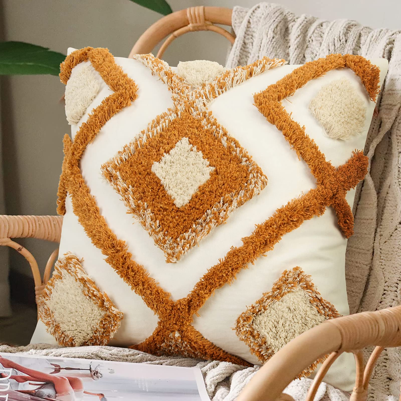 Bonhause Boho Floral Pillow Covers – 18x18 Inch, Set Of 4, Orange Autumn Pattern, Soft Plush, Hidden Zipper (Inserts Not Included)