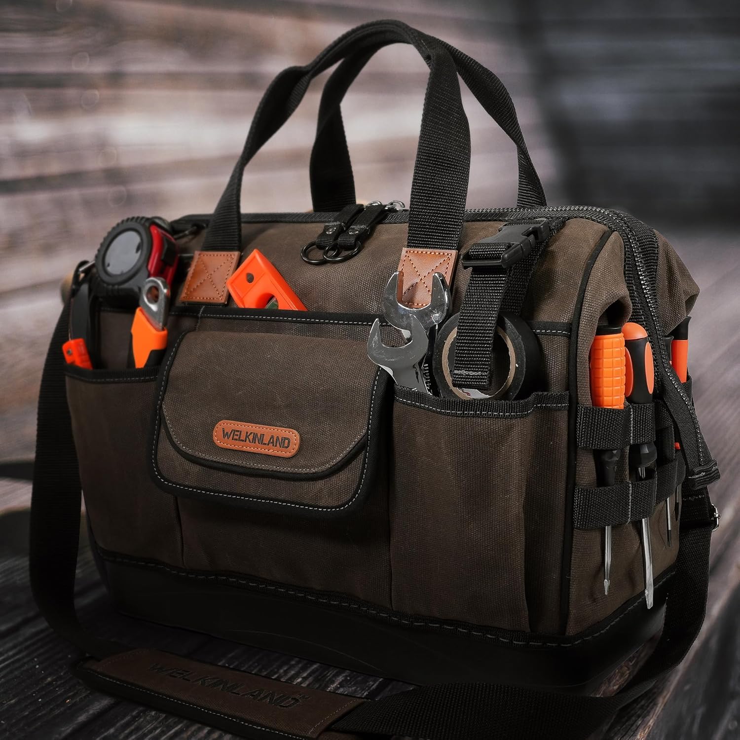 WELKINLAND 45-Pockets Waxed Canvas Tool Bag, 16-Inch Heavy-Duty electrician tools bag, Hard-Bottom HVAC tools bags, Large-Open technician tool bags, Electrical tool bag, Maintenance tool bag - Image 2