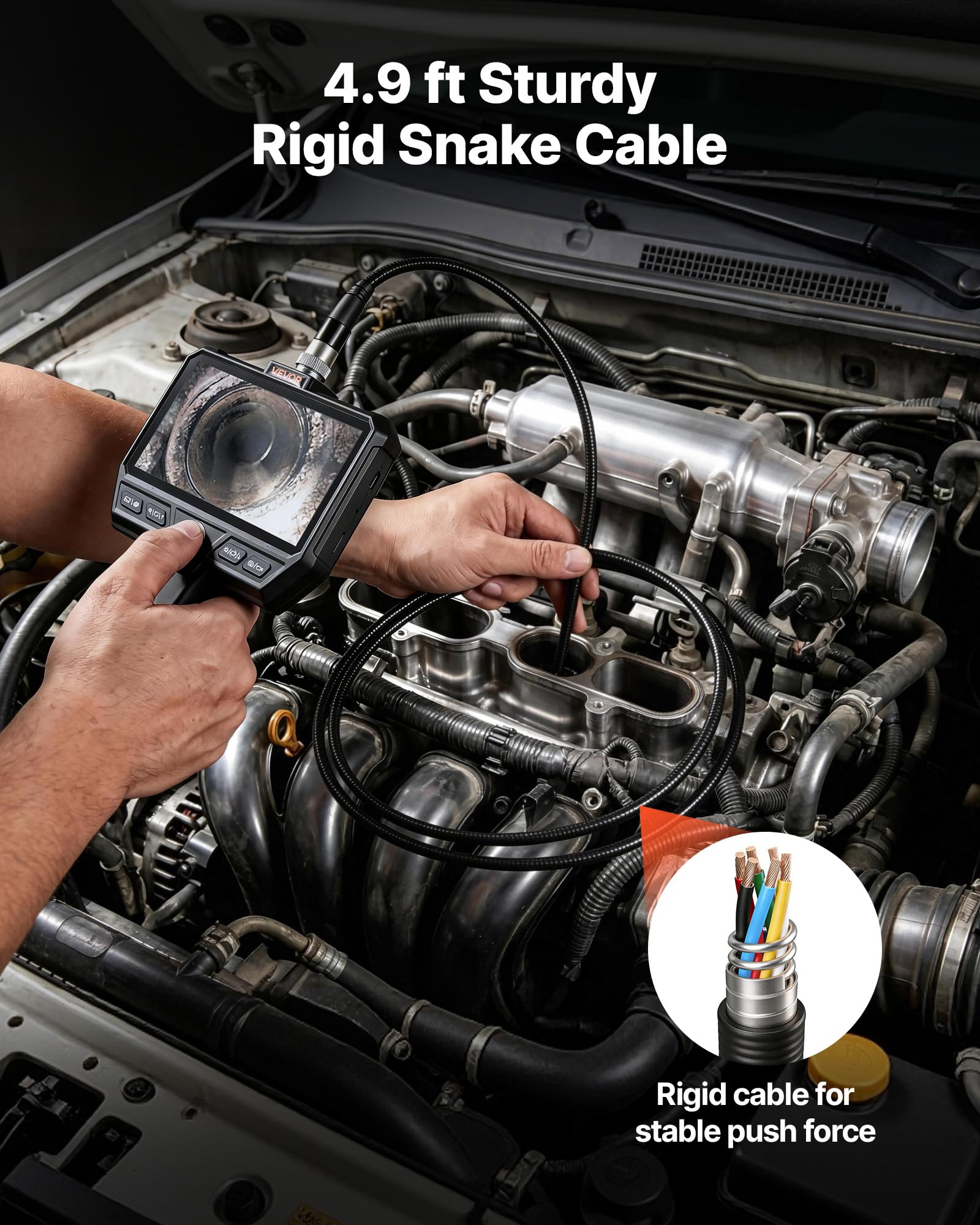 VEVOR Caméra Endoscopique Triple Objectif Endoscope Écran IPS HD 5 Pouces Caméra Inspection pour Canalisation Automobile, avec Câble 1,5 m, Éclairage 8 + 2 LED, Zoom 8X, Batterie 5000 mAh, Sonde IP67