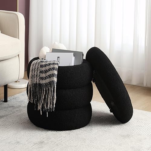 Miniatura 48 de ONEVOG Otomana redonda de almacenamiento, mesa otomana pequeña de 20 pulgadas con tapa extraíble, taburetes de tela de lino suave para sofá, asiento