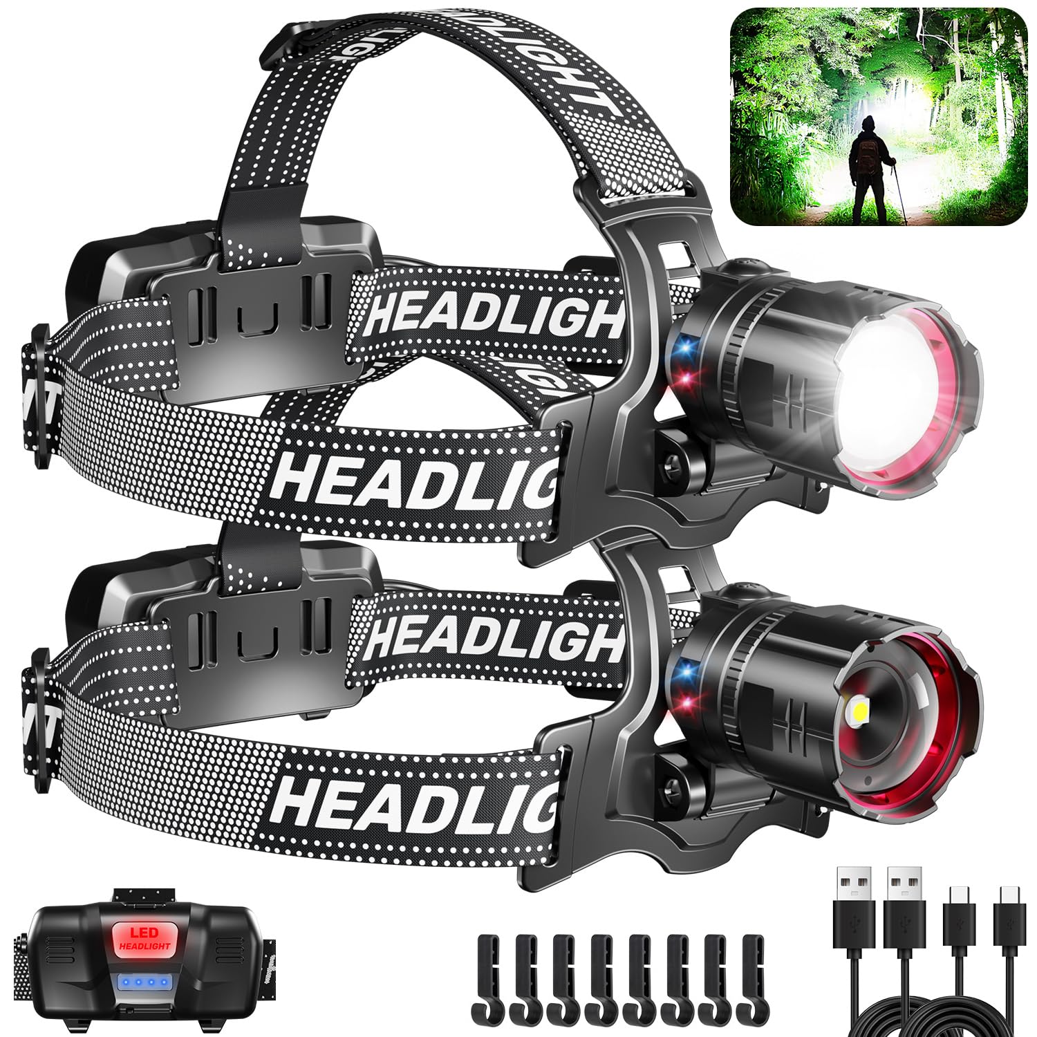 Torcia Frontale LED Ricaricabile, Super Luminosa 99000 Lumen con Sensore & 5 Modalità, Lunga Durata Lampada Frontale 90° Regolabile, Impermeabilità IPX5, Zoomabile, per Campeggio Pesca, 2 PACK