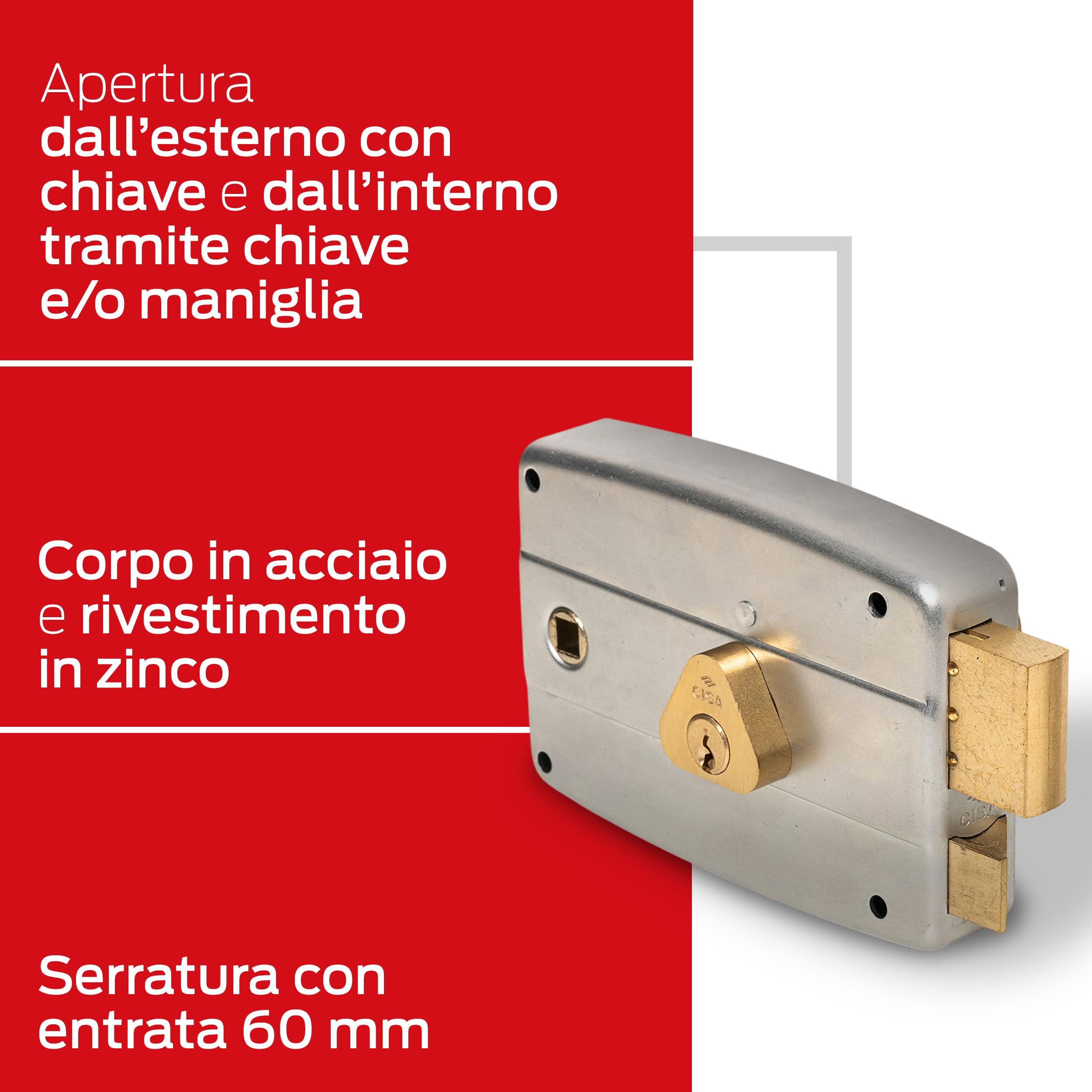 CISA - Serratura per Porte in Ferro da Applicare 15057160179 - Serratura Cancello Esterno in Acciaio Zincato con Cilindro e Quadro Maniglia Passante - Entrata 60 - Mano Destra