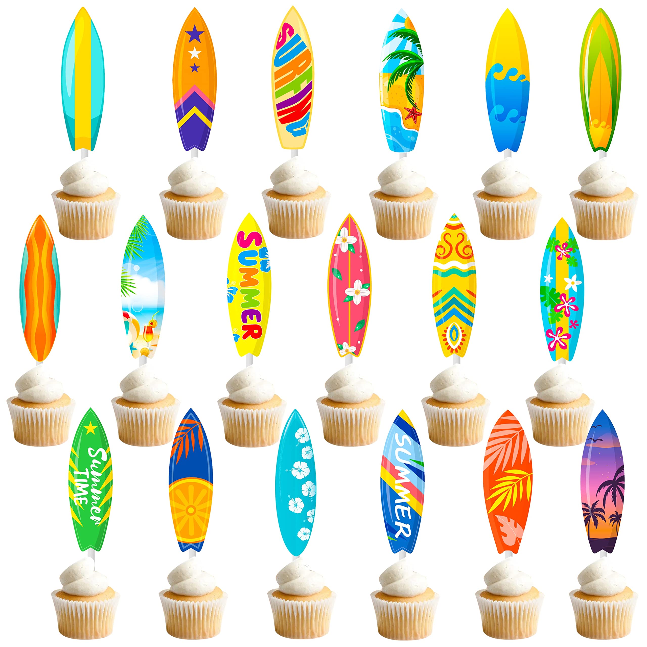 36pcs Surfboard Cupcake Toppers Decorations Swimming Pool Birthday Party Decorations Beach Surfboard Cupcake Decorations for Summer Hawaii Beach Themed Birthday Party Baby Shower Supplies