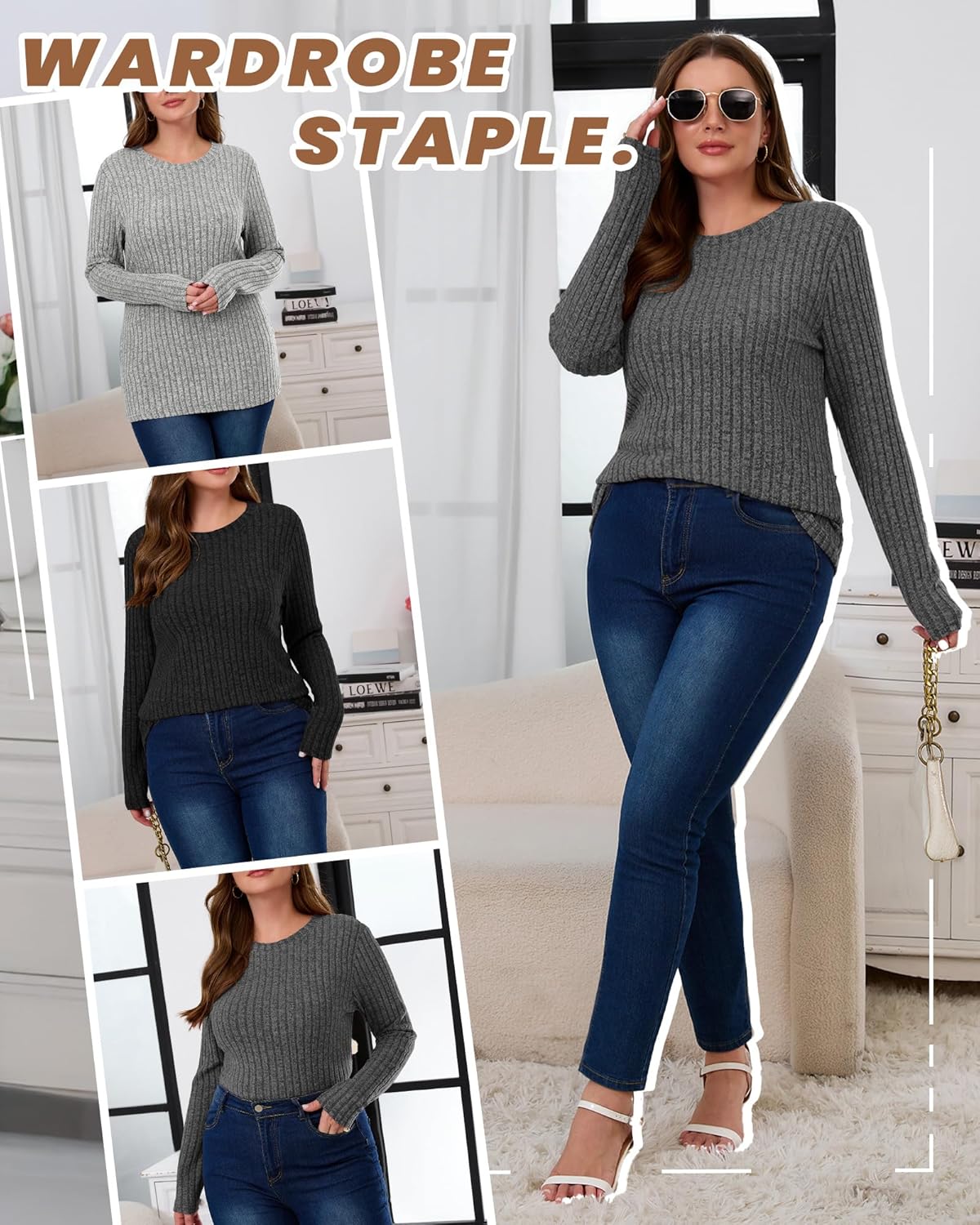3 Pack Women's Plus Size Tunic Sweaters Ribbed Long Sleeve Slim Fit Shirts Crewneck Pullover Casual Tops - Image 3
