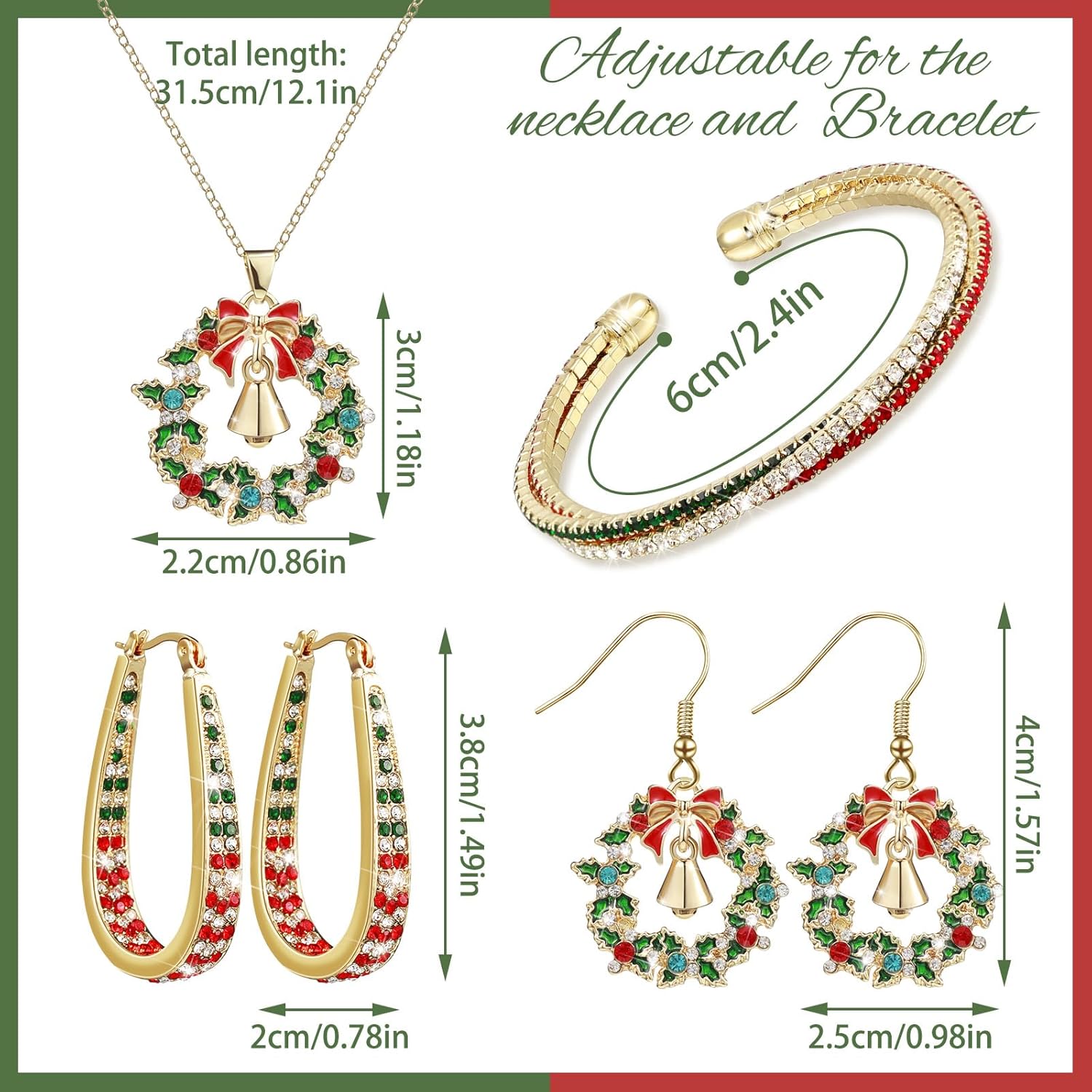 Sasylvia 4 Pieces Christmas Rhinestone Jewelry Set for Women Wreath Bell Dangle Necklace Cuff Bracelet Wreath Hoop Earrings