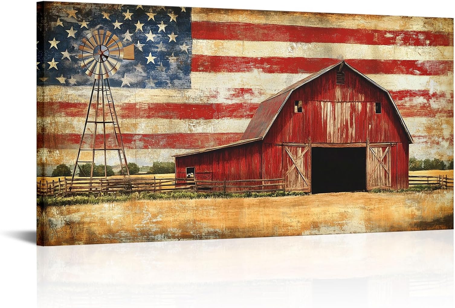 VANSEEING Farmhouse Wall Decor Rustic Red Barn Canvas Wall Art Windmill American Flag Background Picture Country Landscape Artwork Farm House Decorations for Home Living Room Kitchen 20" x 40"