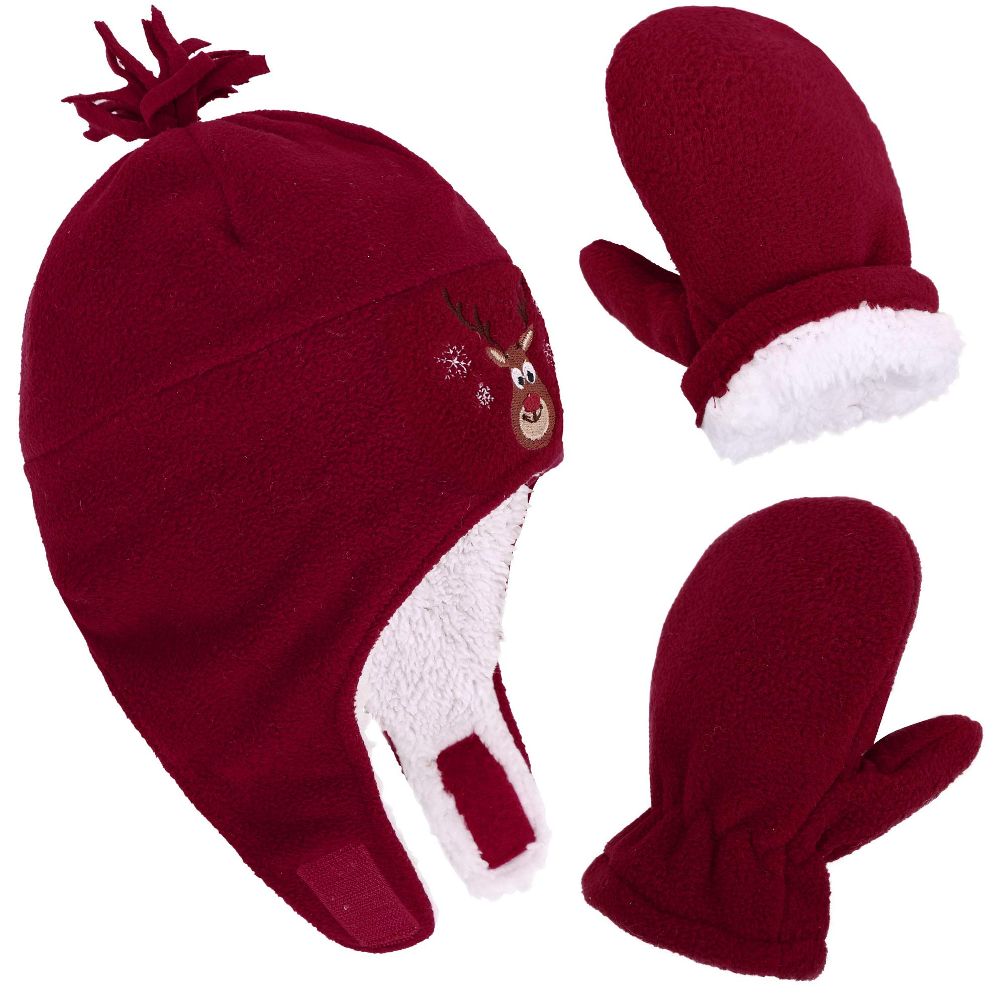 SimpliKids Girls Sherpa Lined Fleece Winter Hat and Mitten Set, Girl Reindeer Red With Thumb, L 5-7 Year