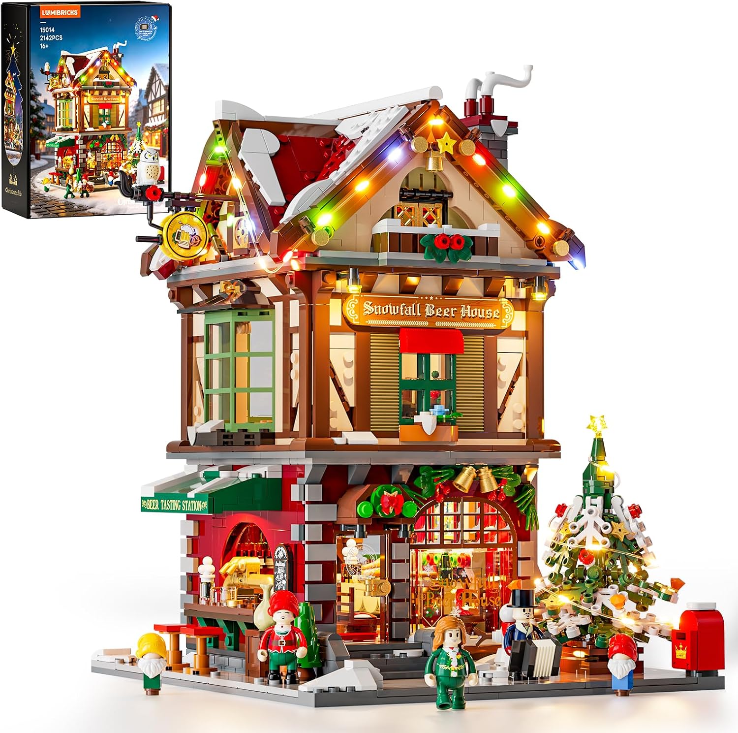 Lumibricks Bożonarodzeniowy zestaw do budowania z oświetleniem LED i modułem dźwiękowym, 2142 części, model wioski bożonarodzeniowej dla dorosłych, modułowy budynek z efektami świetlnymi i muzycznymi