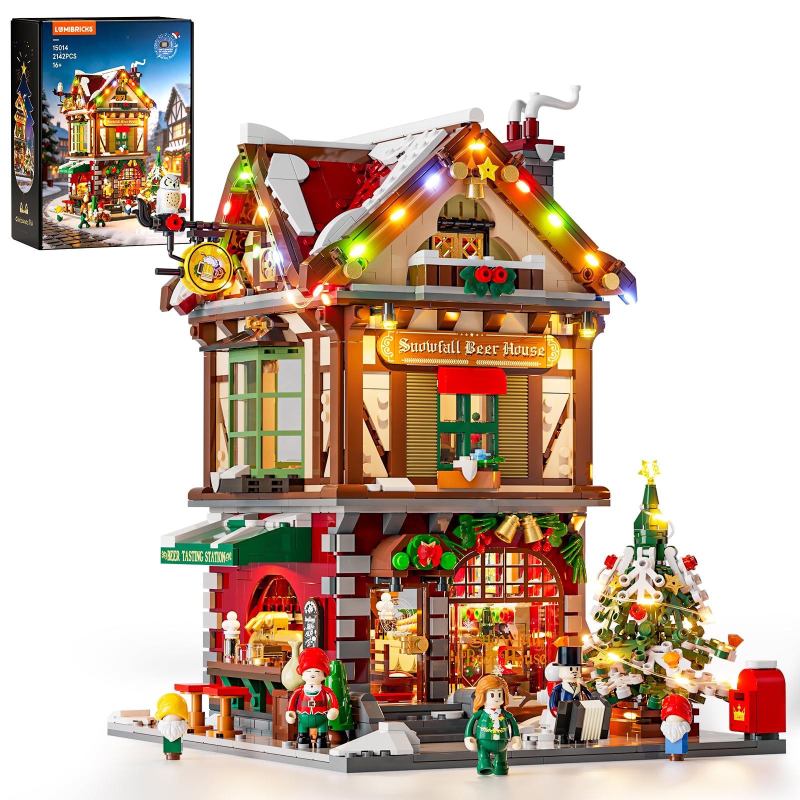 Lumibricks Town Life Christmas Pub Modular Building Set with Dynamic LED Lights, Christmas Music & Custom Audio, 2142 Pieces, 5 Minifigures, Holiday Display Model Gift